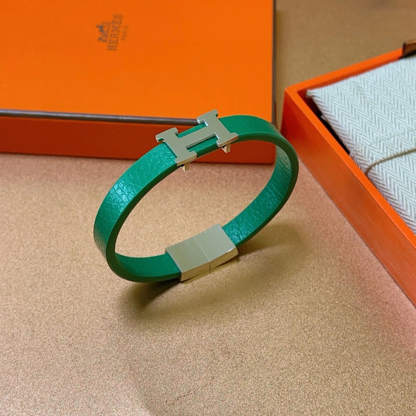 Hermes Green Leather H Logo Bracelet Women