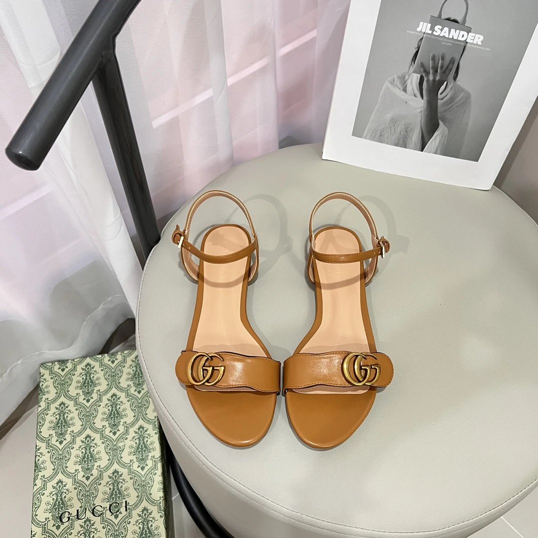 Gucci Women Leather Sandals Tan Ankle Strap Shoes