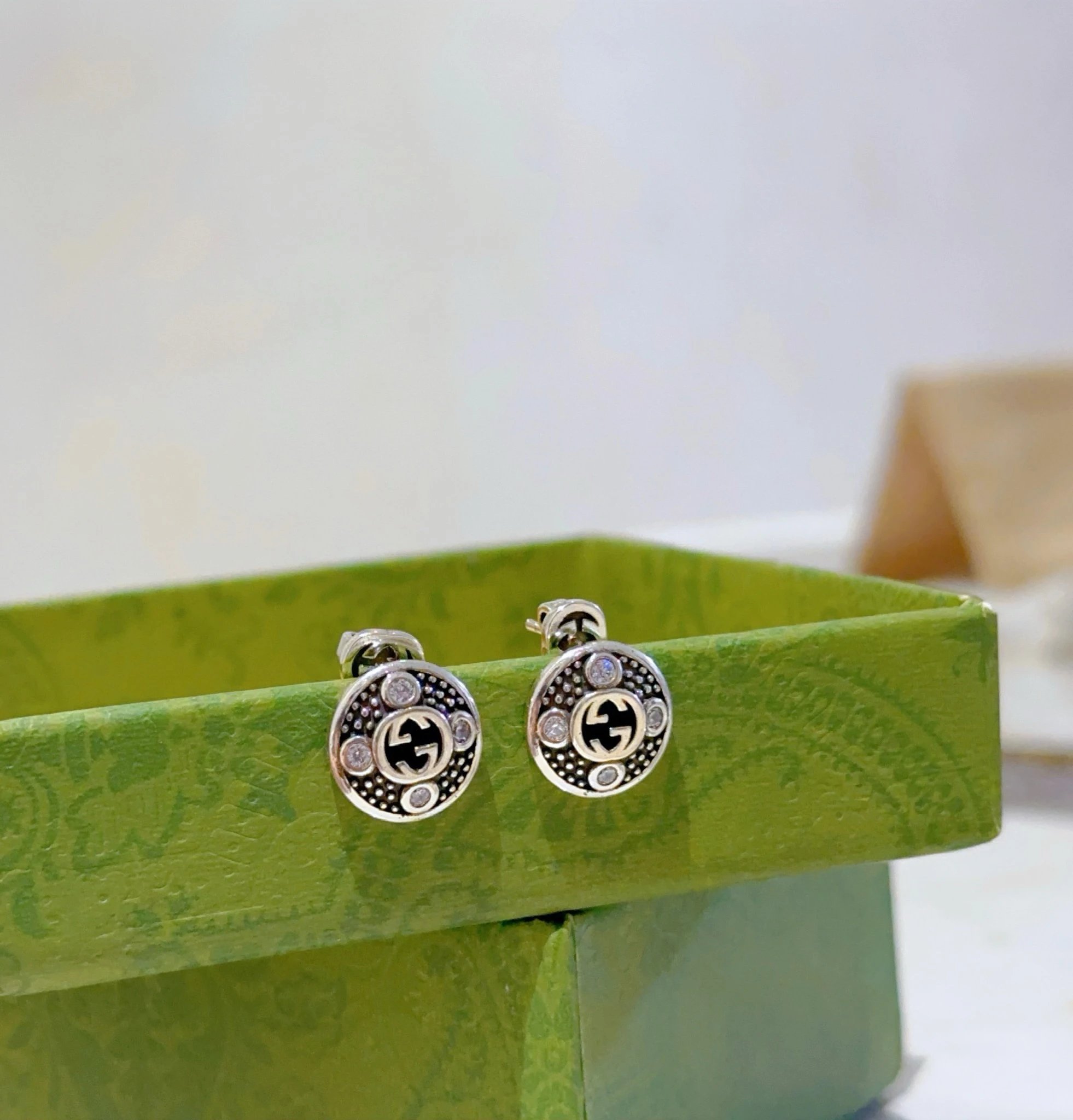 Gucci Silver Crystal GG Logo Stud Earrings Jewelry