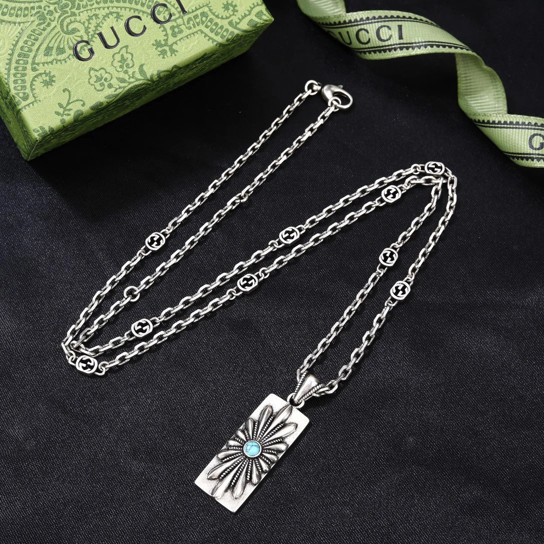 Gucci Silver Necklace Turquoise Flower Pendant Jewelry