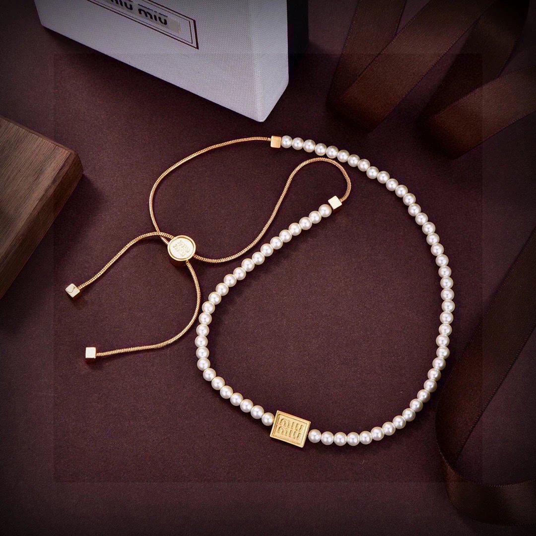 Miu Miu Gold Pearl Necklace Women Luxury Jewelry