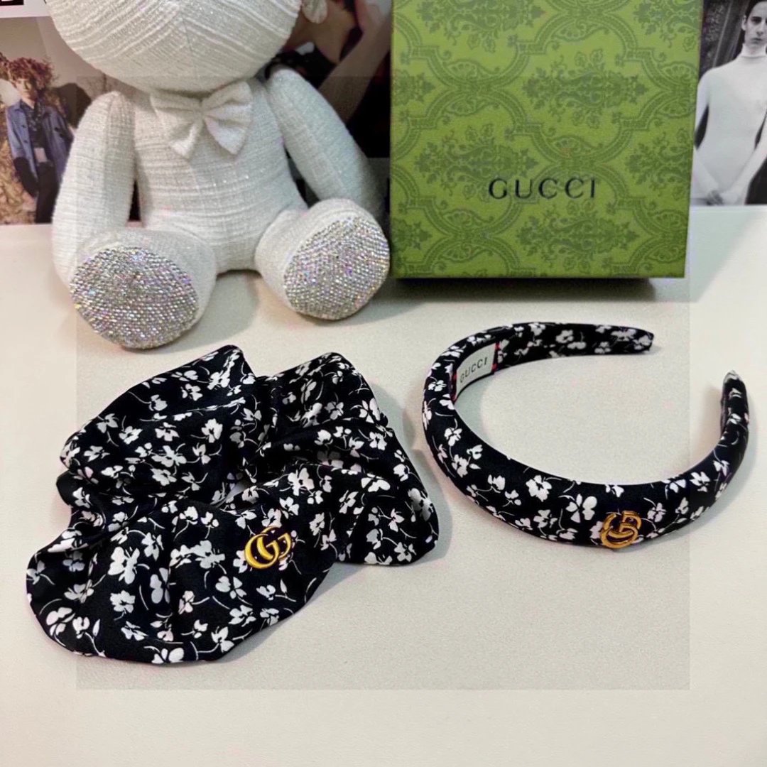 Gucci Floral GG Headband Scrunchie Set Black White