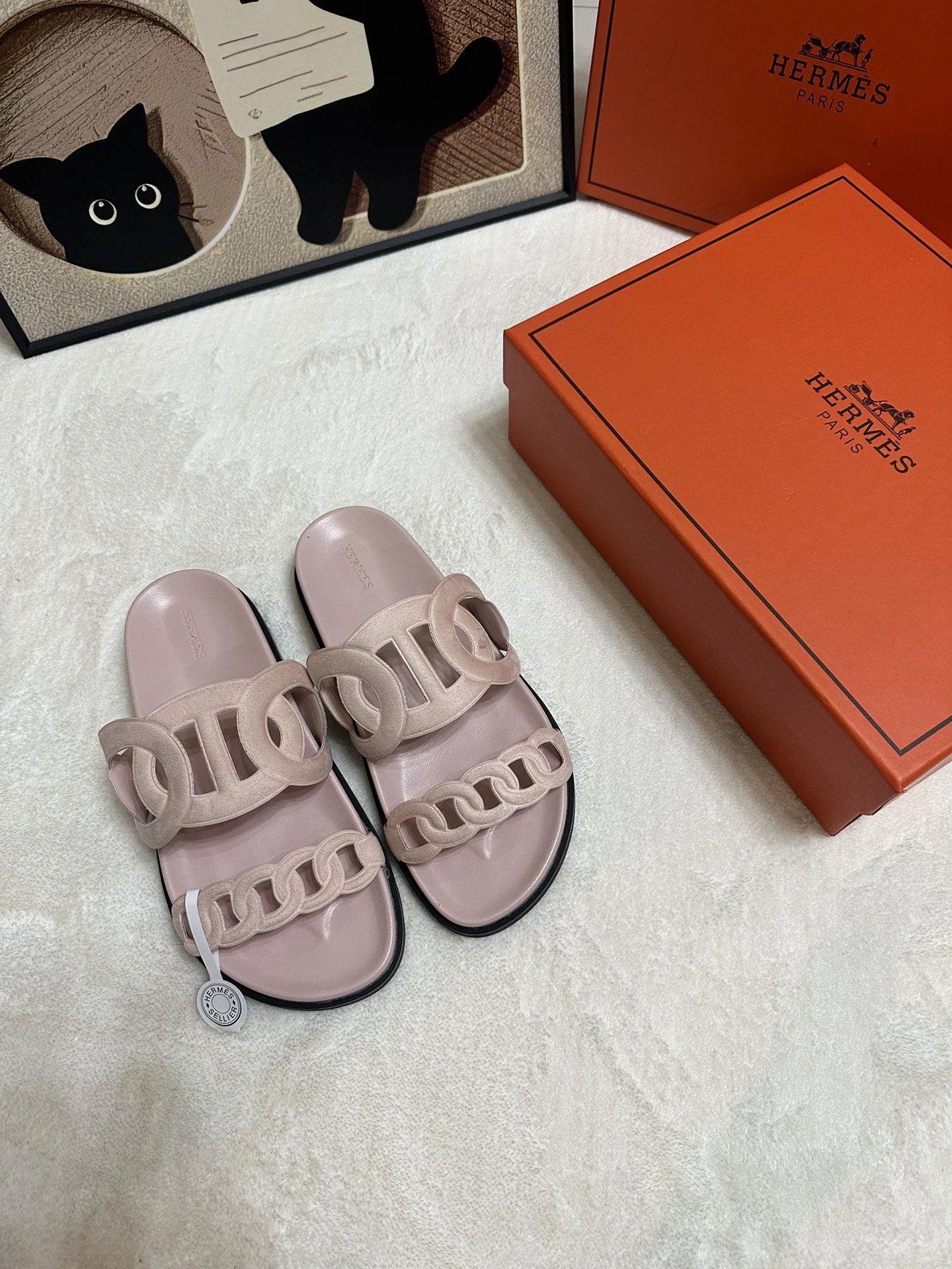 Hermes Chain Pink Leather Women Sandals