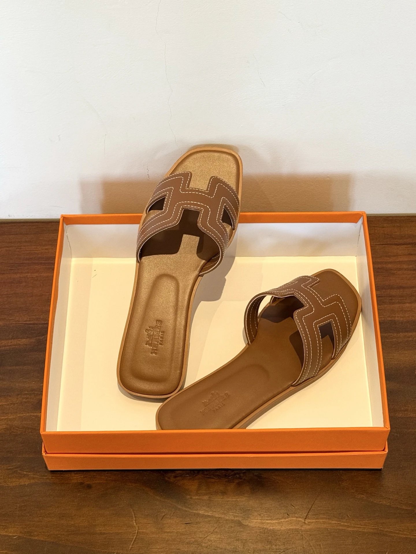 Hermes Women Brown Leather H Cut Slide Sandals