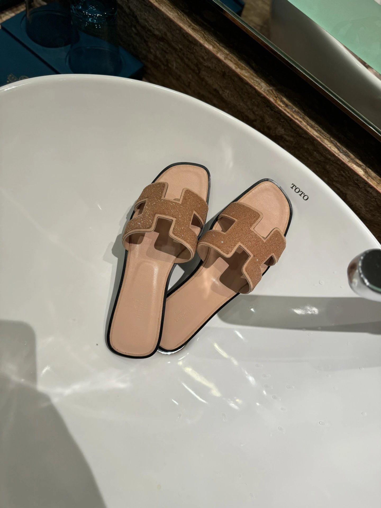 Hermes H Cut Nude Leather Slide Sandals Women