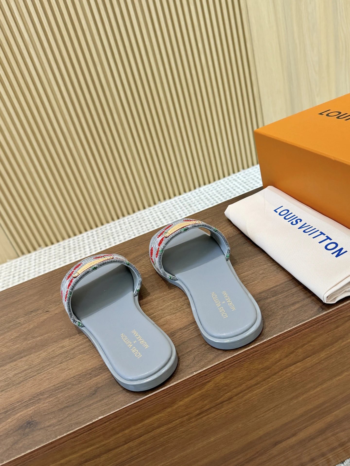 Louis Vuitton Women Slides Grey Sole Embroidered Strap