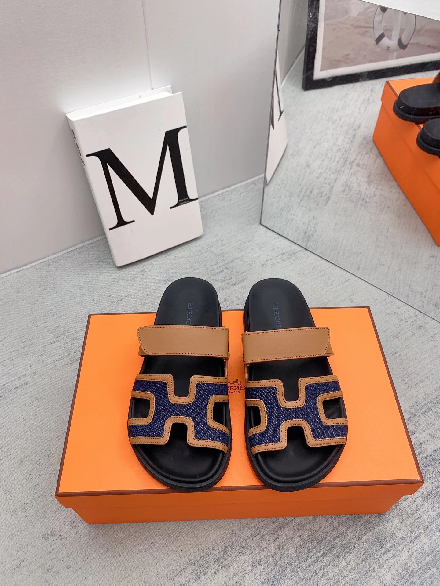 Hermes H Design Men's Leather Canvas Sandals