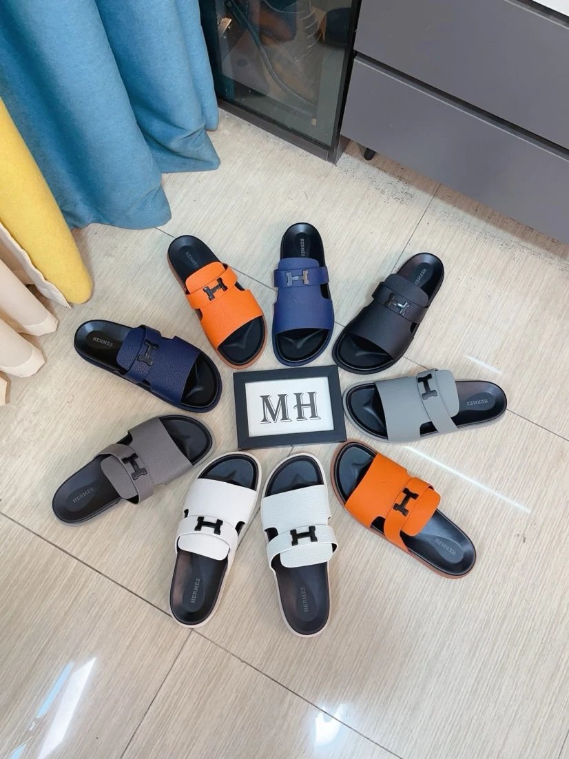 Hermes Men Leather H Logo Slides Summer Sandals