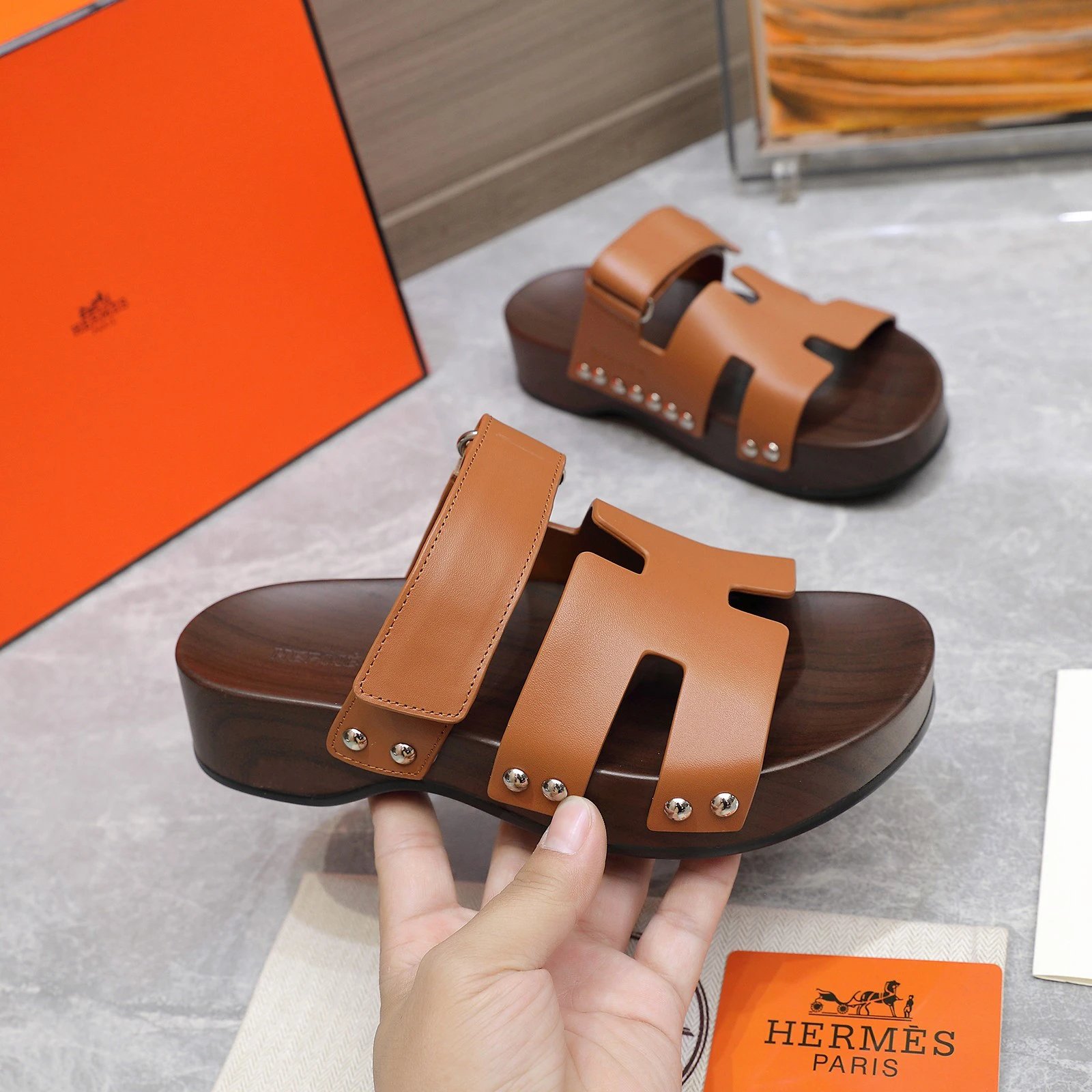 Hermes Women Leather H Cut Platform Sandals