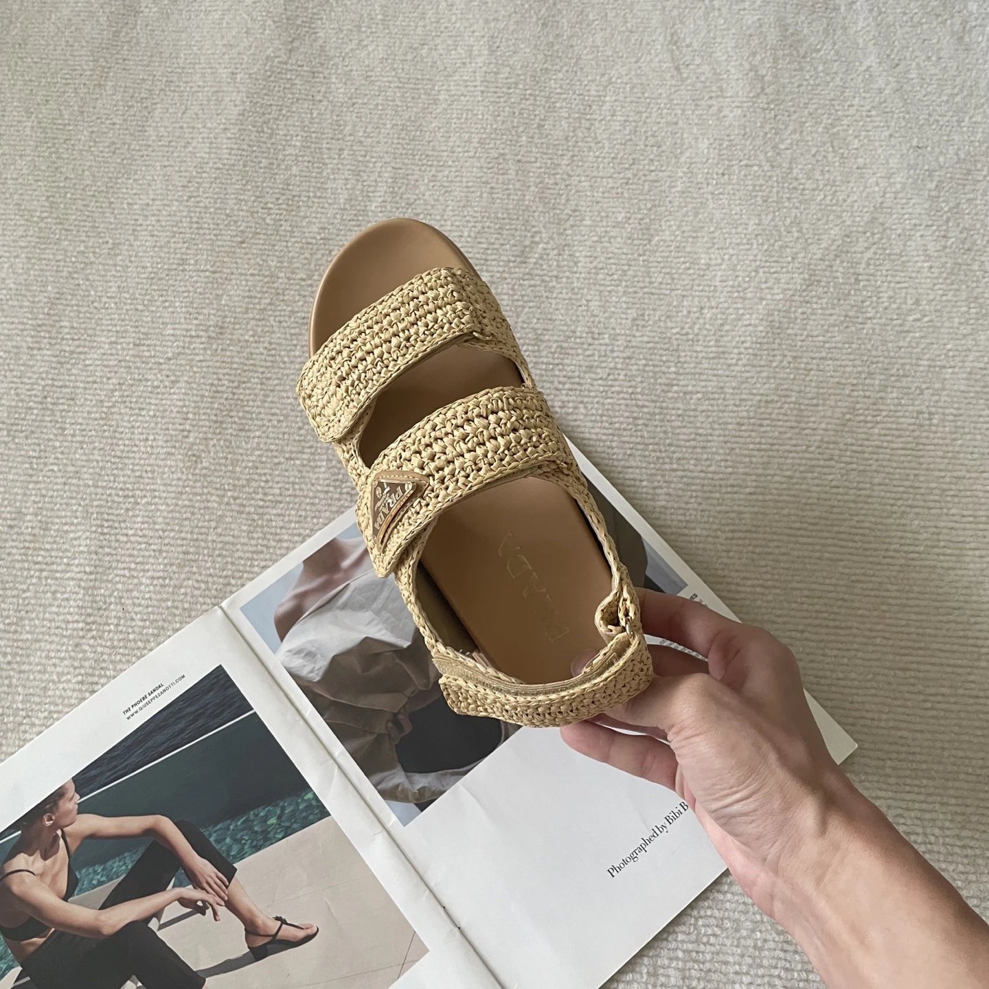 Prada Woven Raffia Sandals Women Summer Beach Shoes