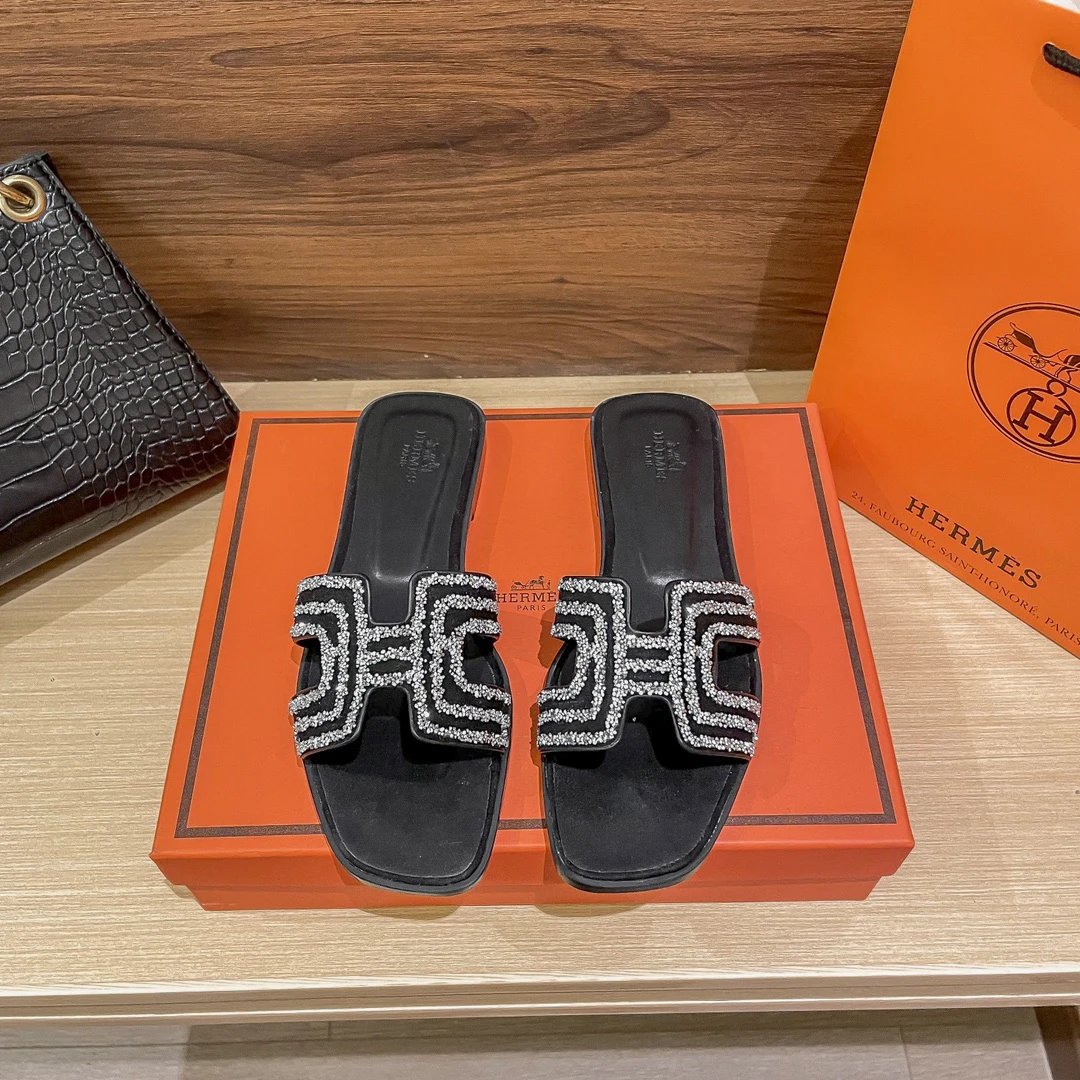 Hermes Crystal H Slides Black Leather Sandals Women
