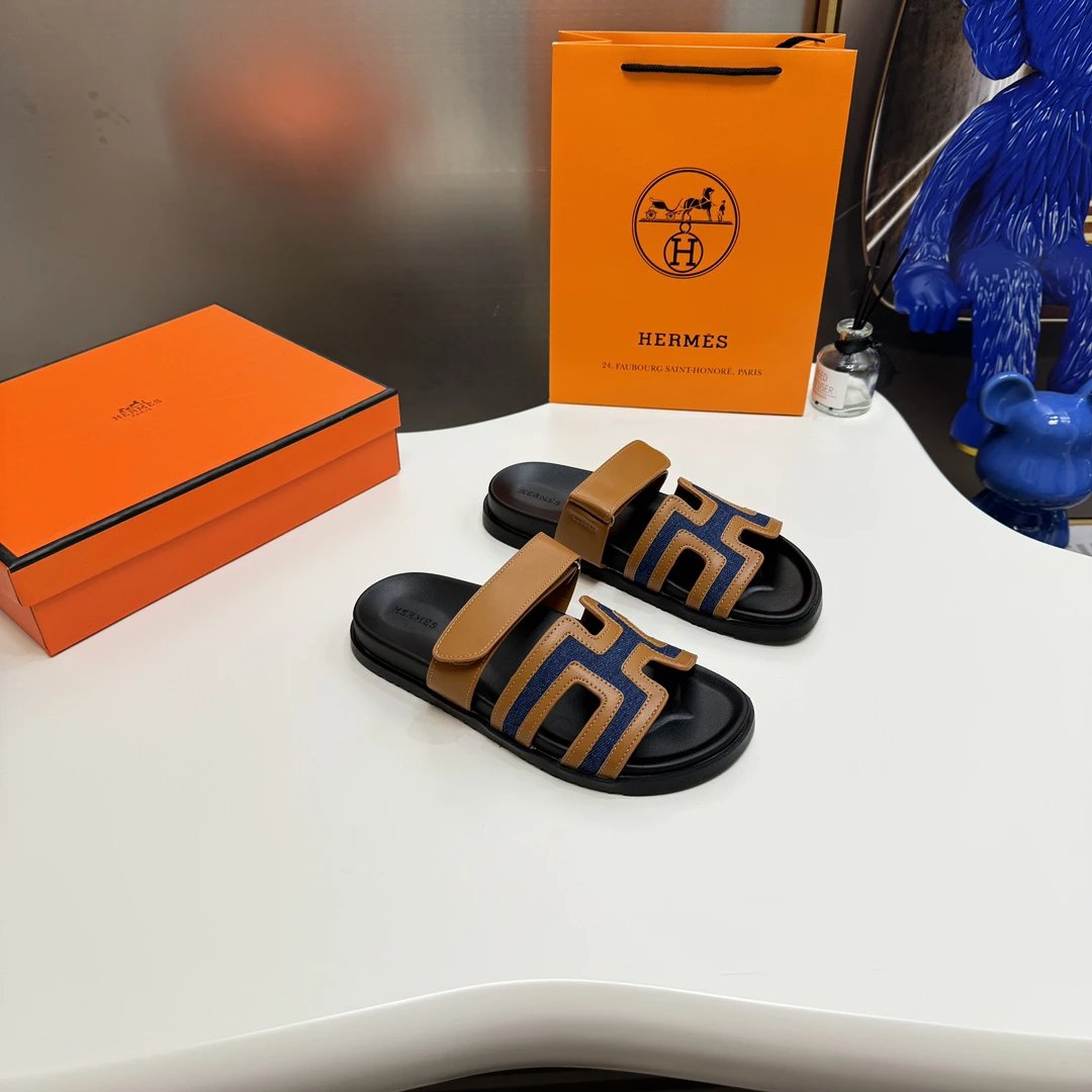 Hermes H Leather Men Sandals Luxury Summer Slides