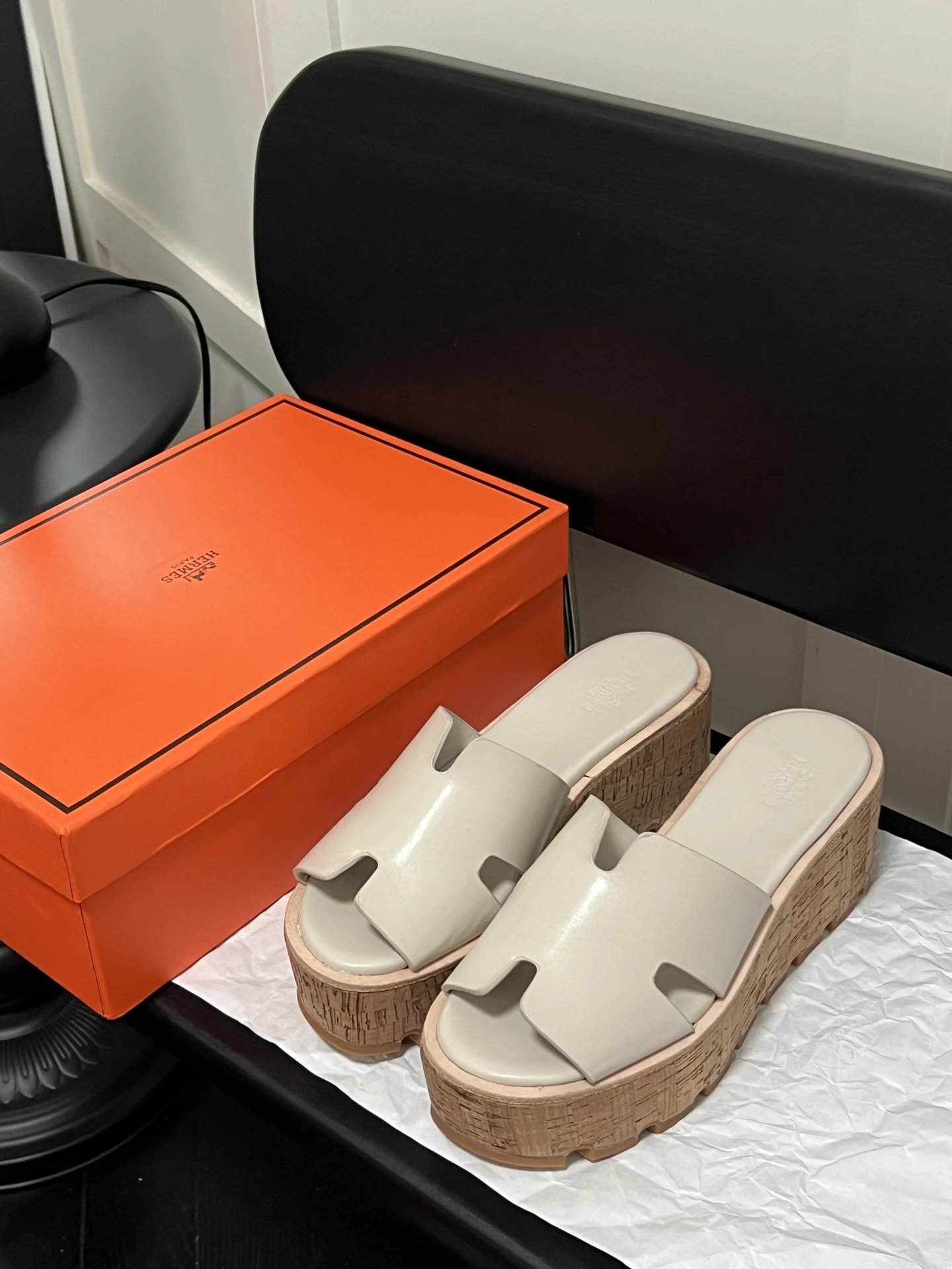 Hermes Women Leather Platform Sandals Cork Wedge Slides