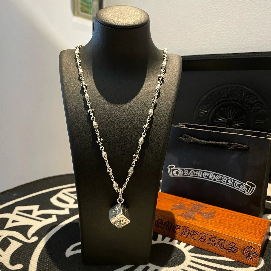 Chrome Hearts Silver Cross Dice Pendant Necklace