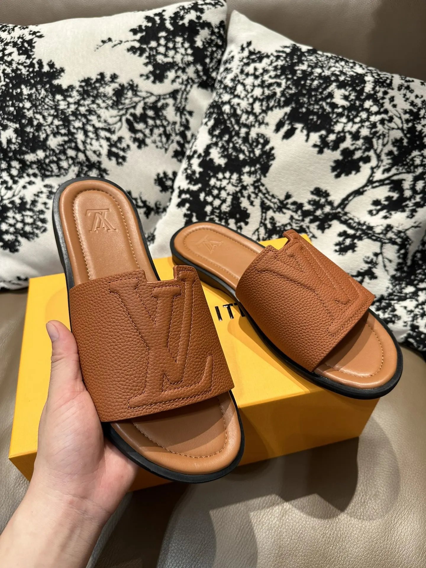 Louis Vuitton Men’s Brown Leather Slide Sandals  
