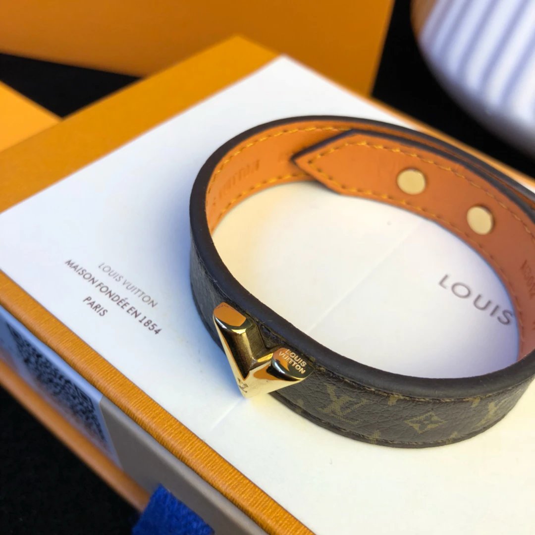 Louis Vuitton Monogram Leather Bracelet Gold V Buckle