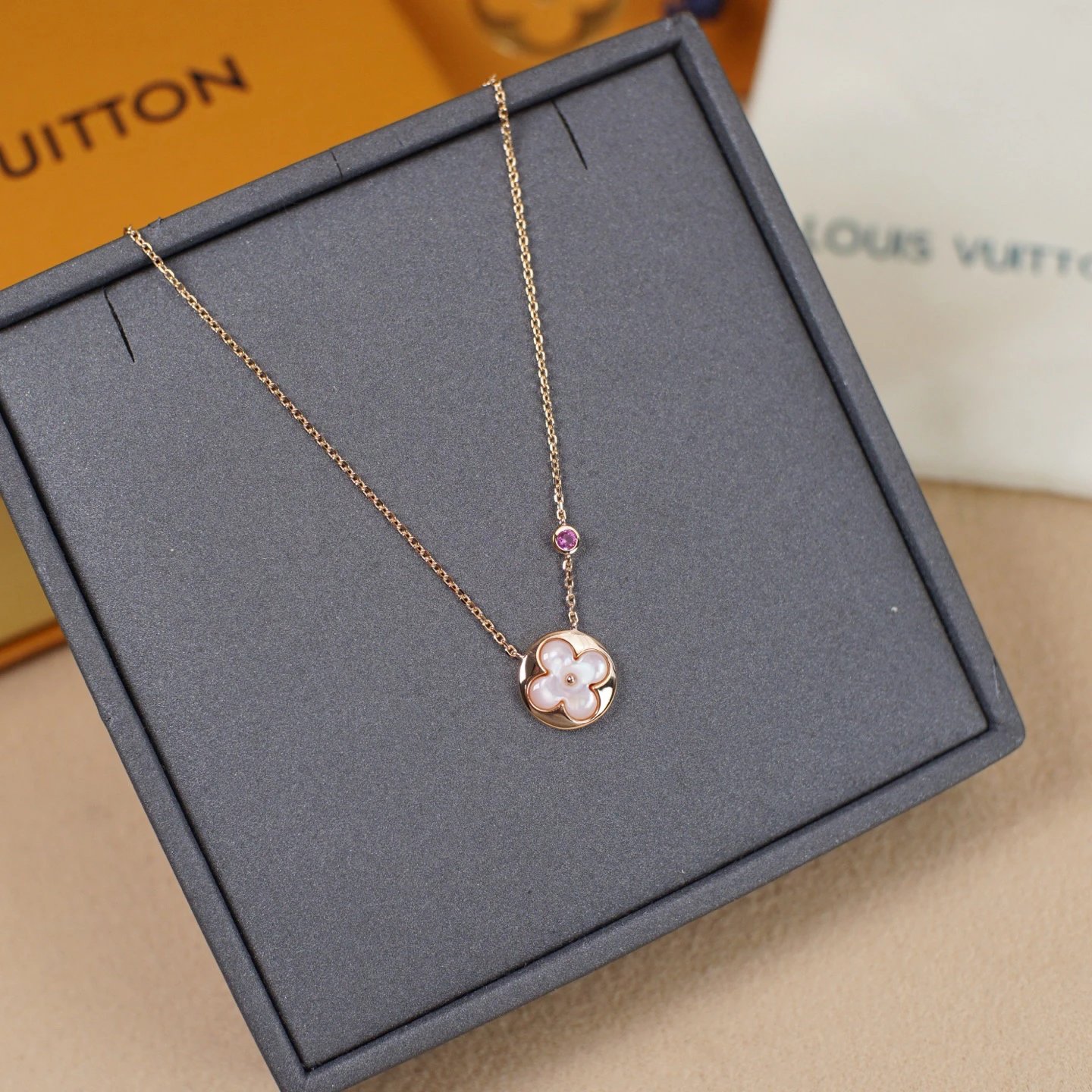 Louis Vuitton Rose Gold Pink Flower Pendant Necklace