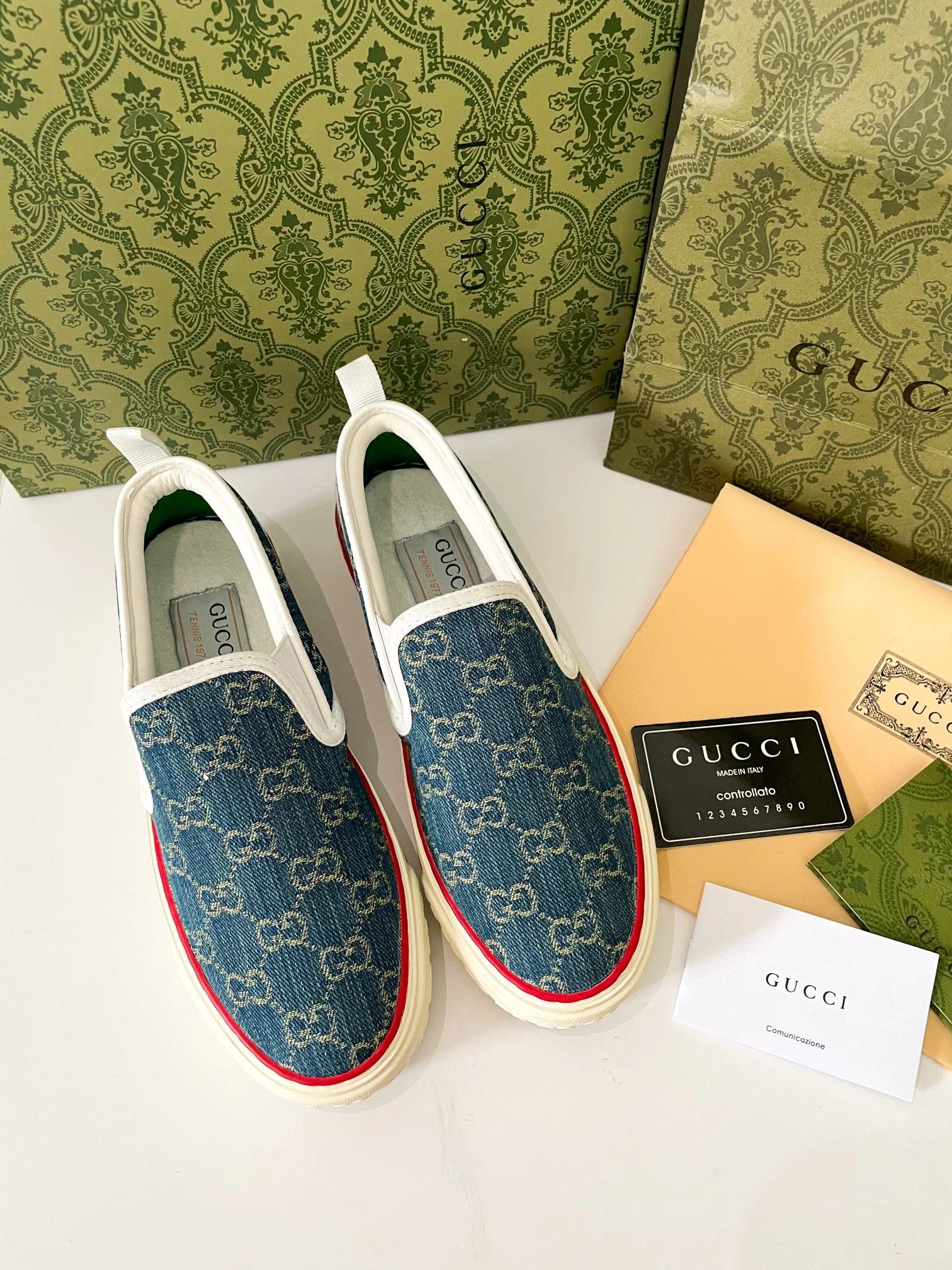 Gucci GG Denim Slip-On Sneakers Red Stripe Shoes