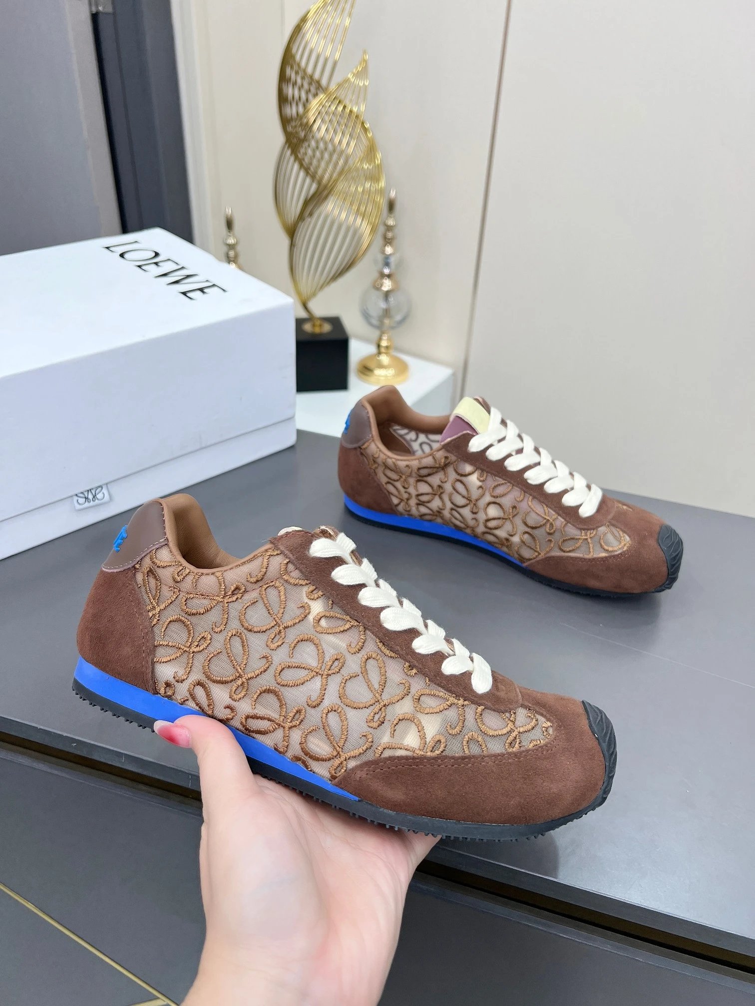 Loewe Brown Embroidered Suede Sneakers Blue Sole Shoes