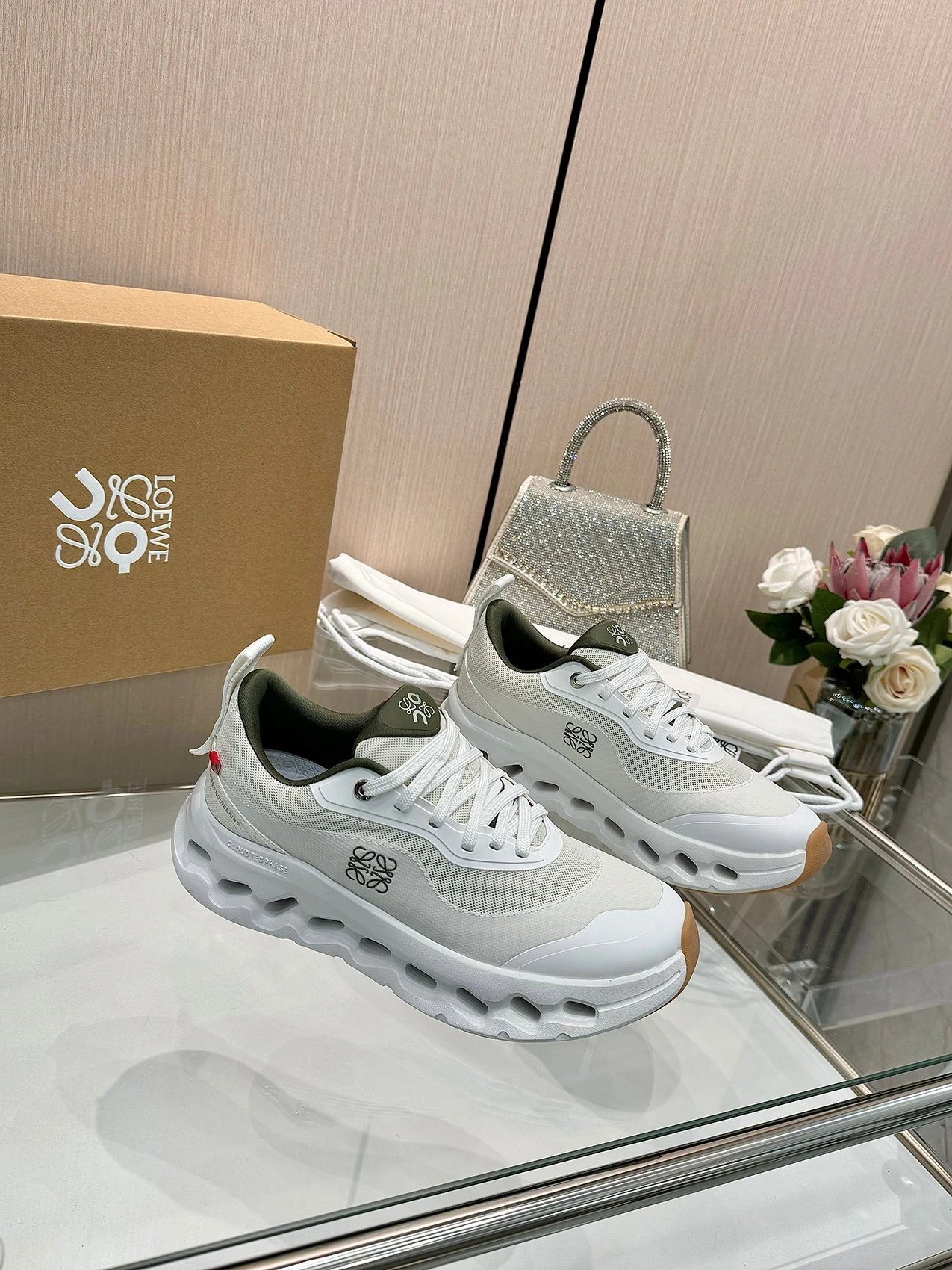 Loewe White Mesh Leather Chunky Sole Fashion Sneakers