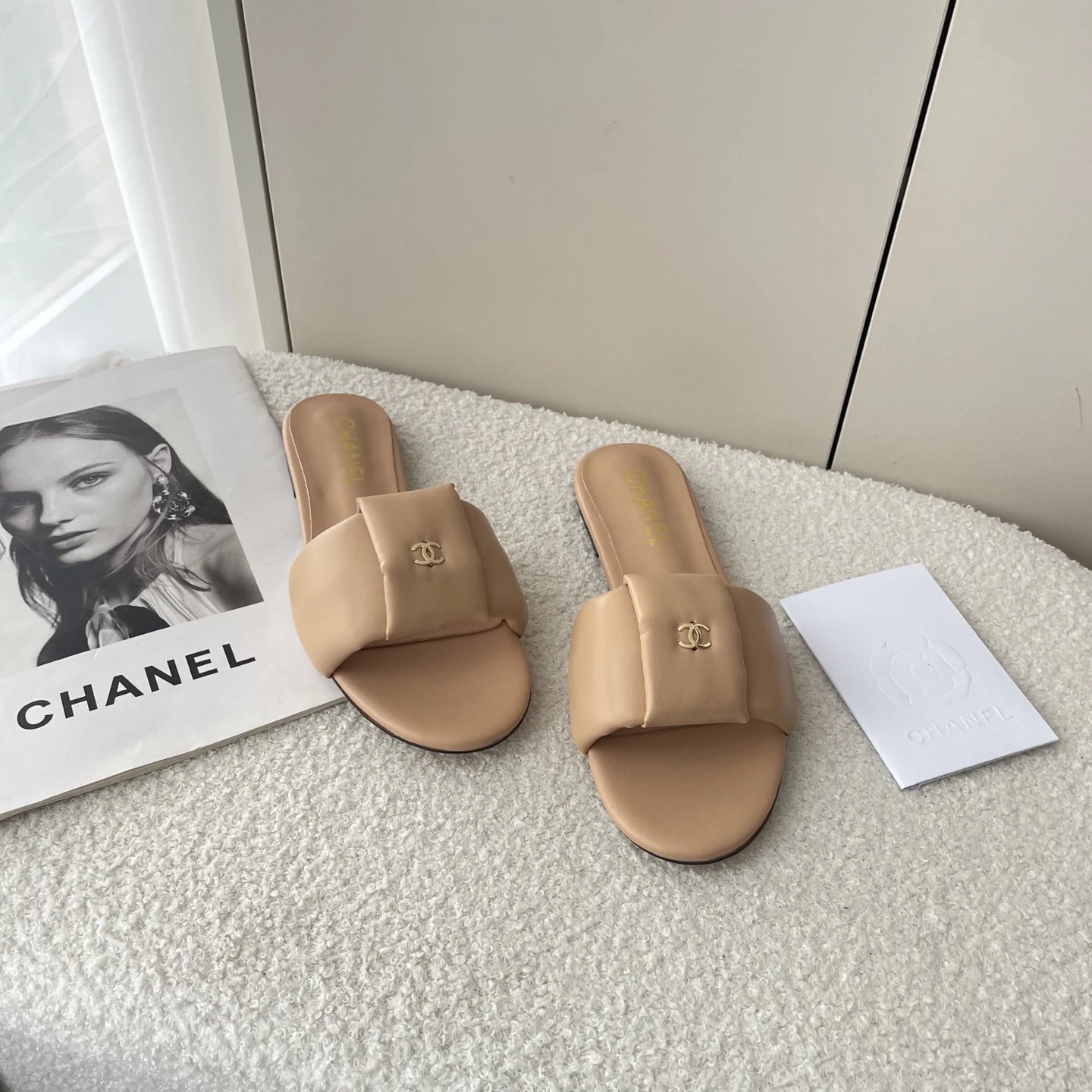 Chanel Women Beige Slide Sandals Gold Logo Slippers