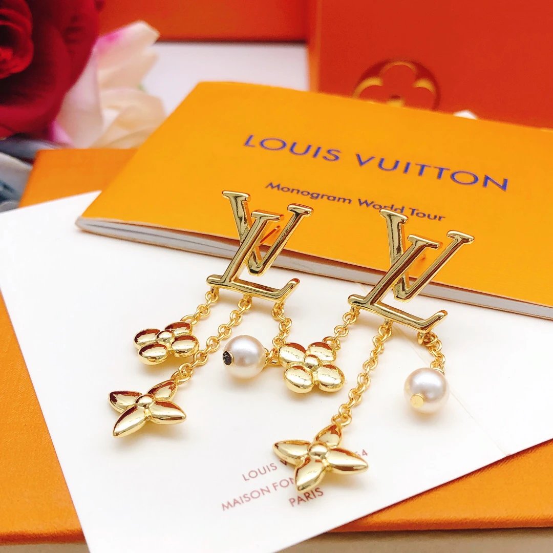 Louis Vuitton Gold Pearl Flower Drop Earrings