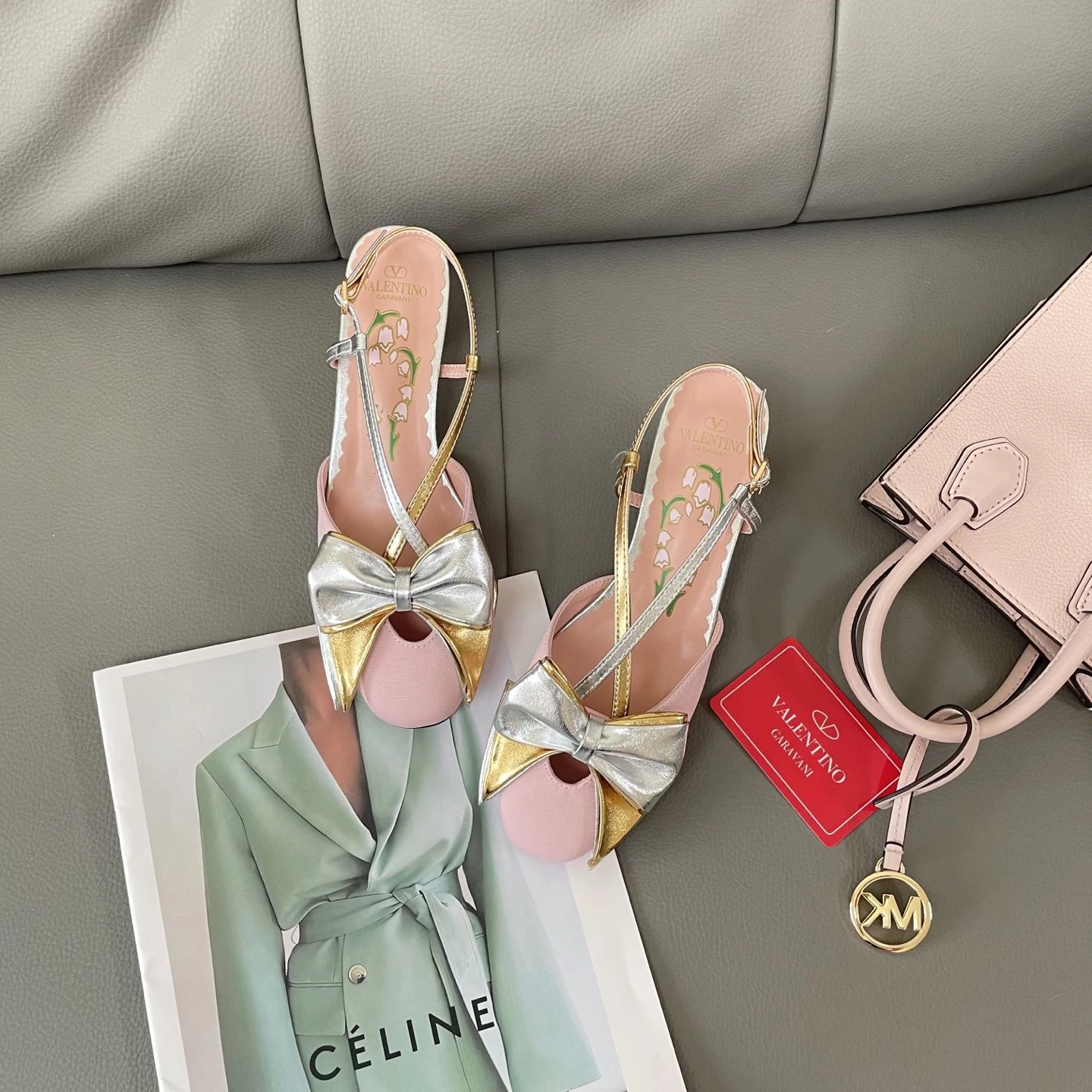 Valentino Pink Gold Silver Bow Slingback Heels Women