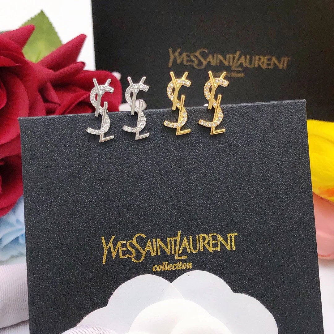 Saint Laurent Crystal Logo Stud Earrings Gold Silver