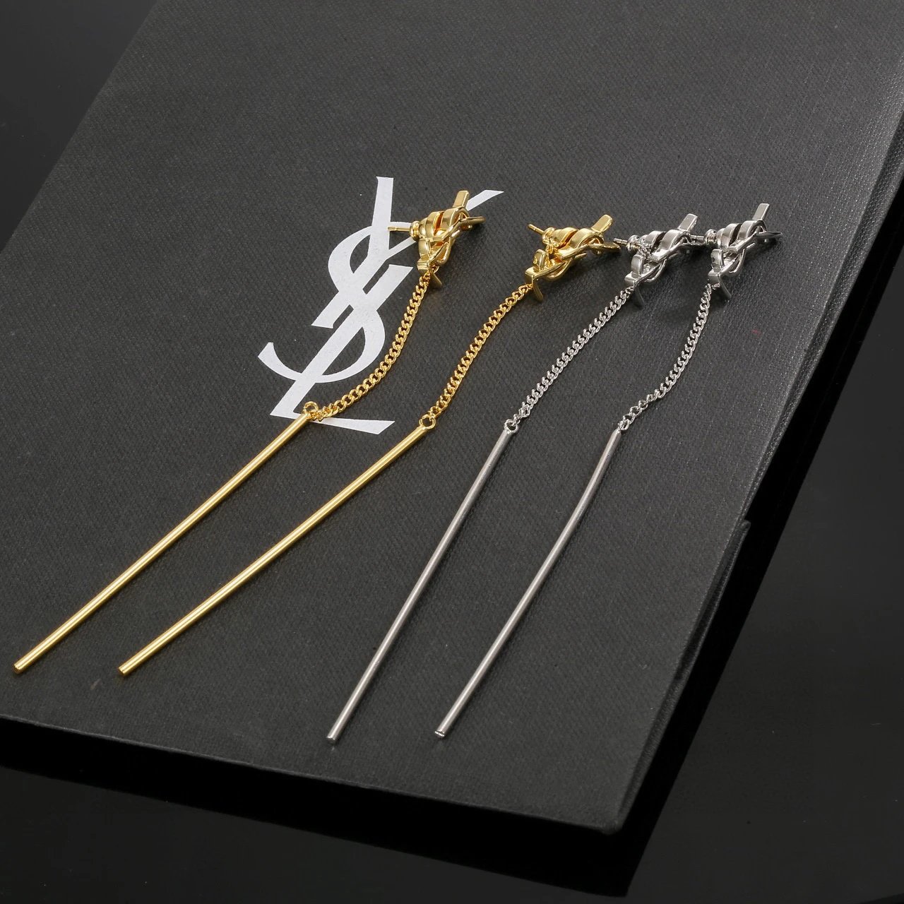 Saint Laurent Gold Silver Long Chain Earrings