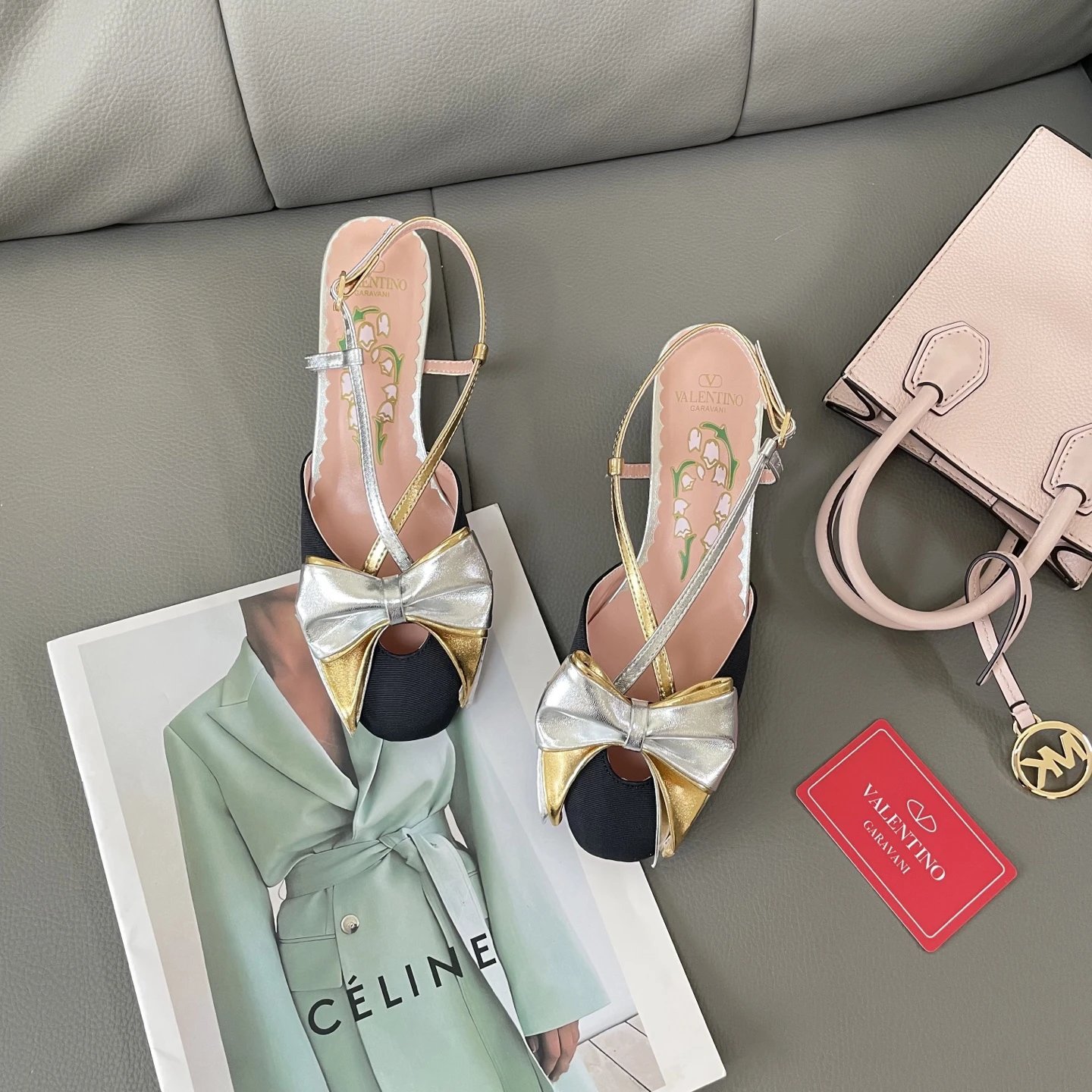 Valentino Gold Silver Bow Slingback Heels