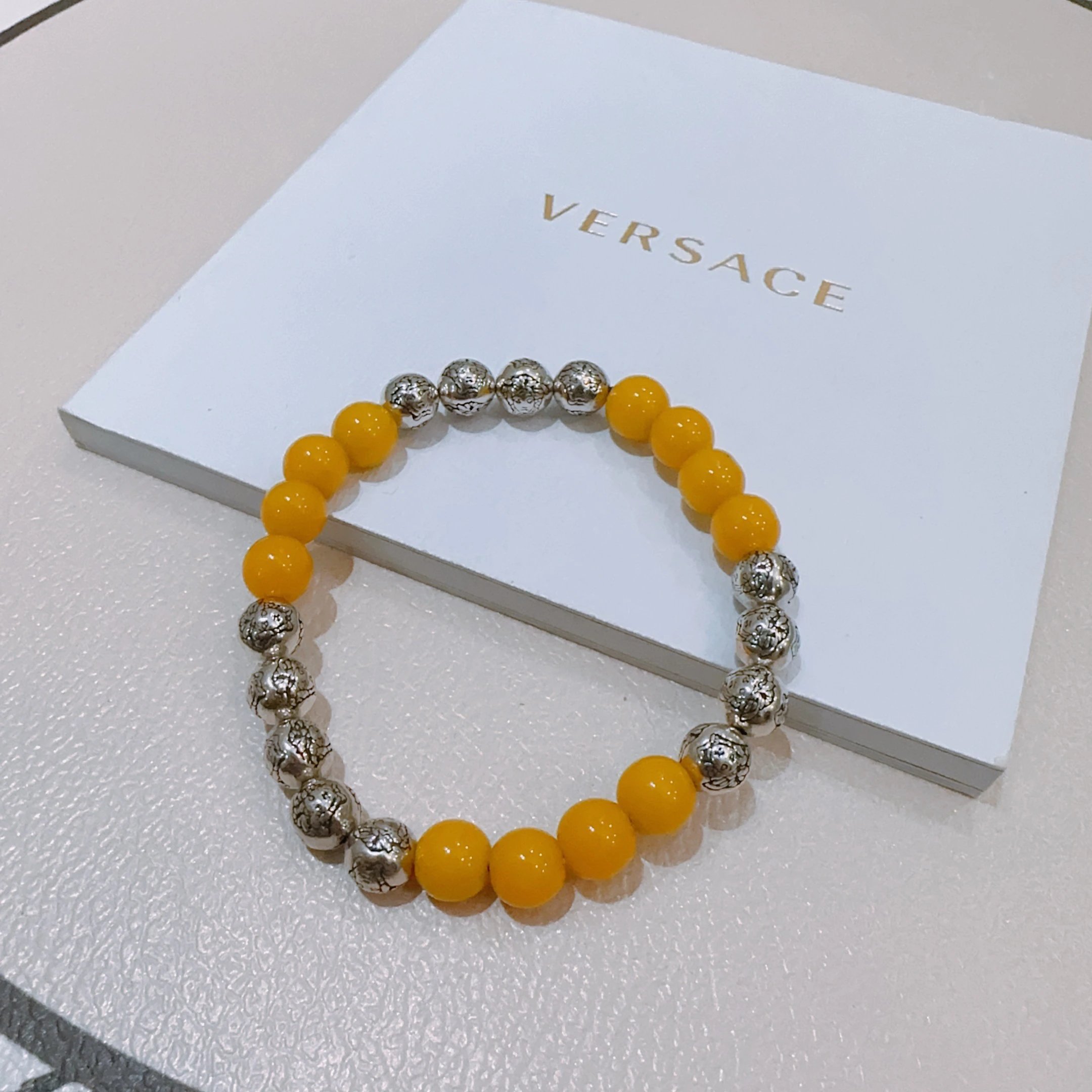 Versace Yellow Beaded Silver Bracelet Unisex Luxury Jewelry
