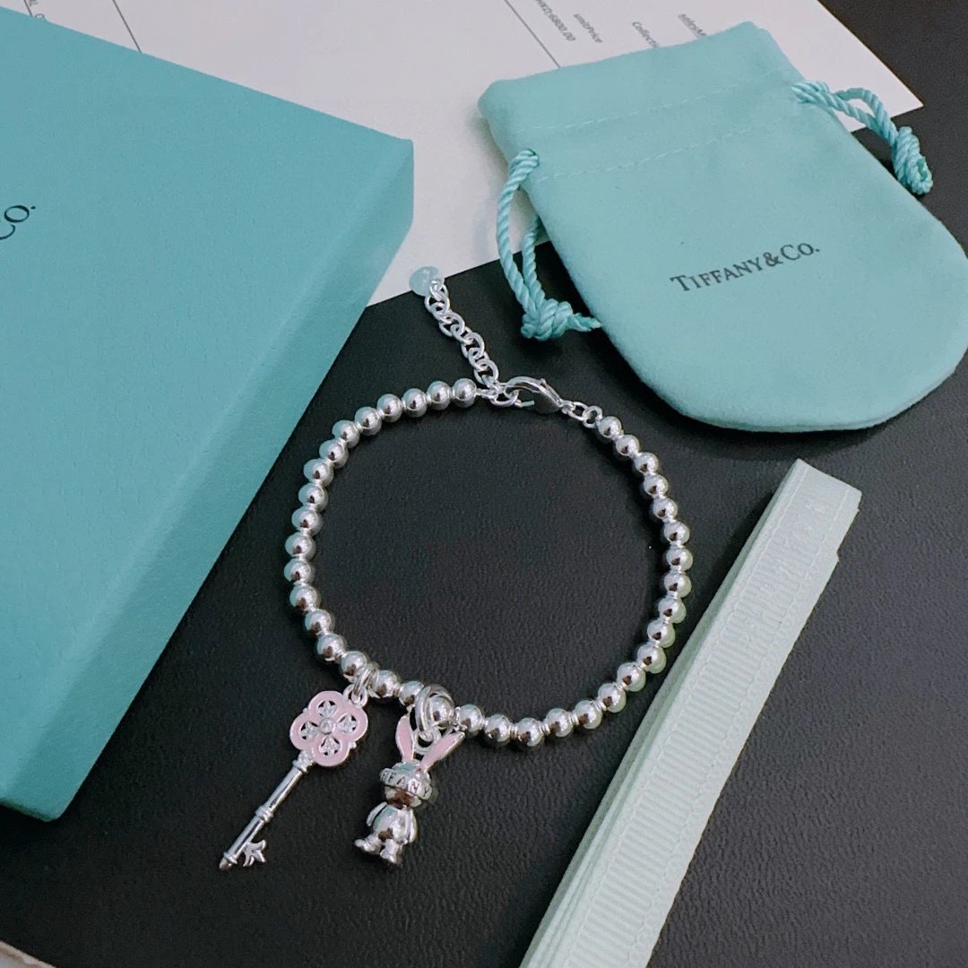 Tiffany Silver Beaded Bunny Key Charm Bracelet Women