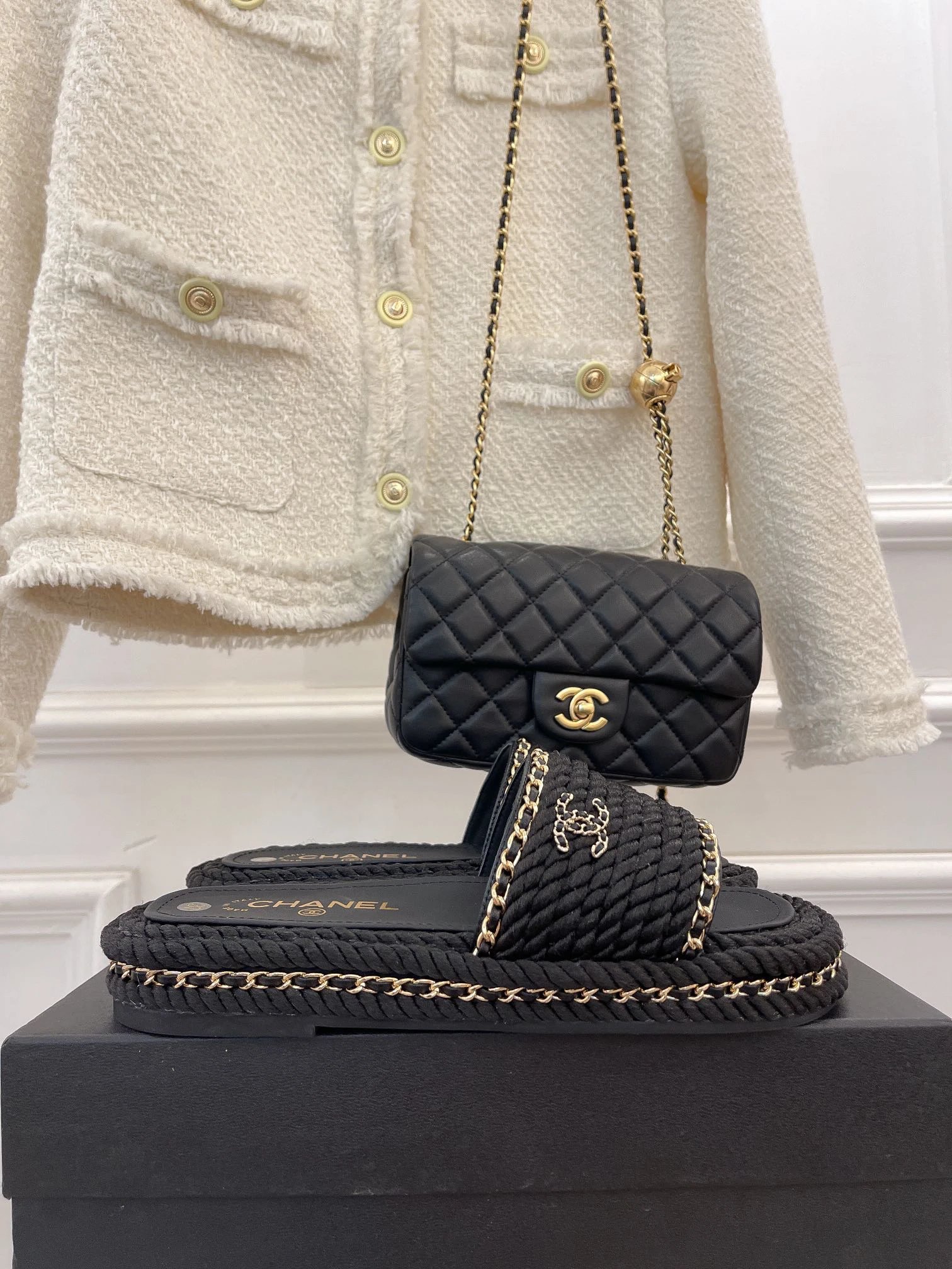 Chanel Women Black Rope Chain Slides Sandals Luxury