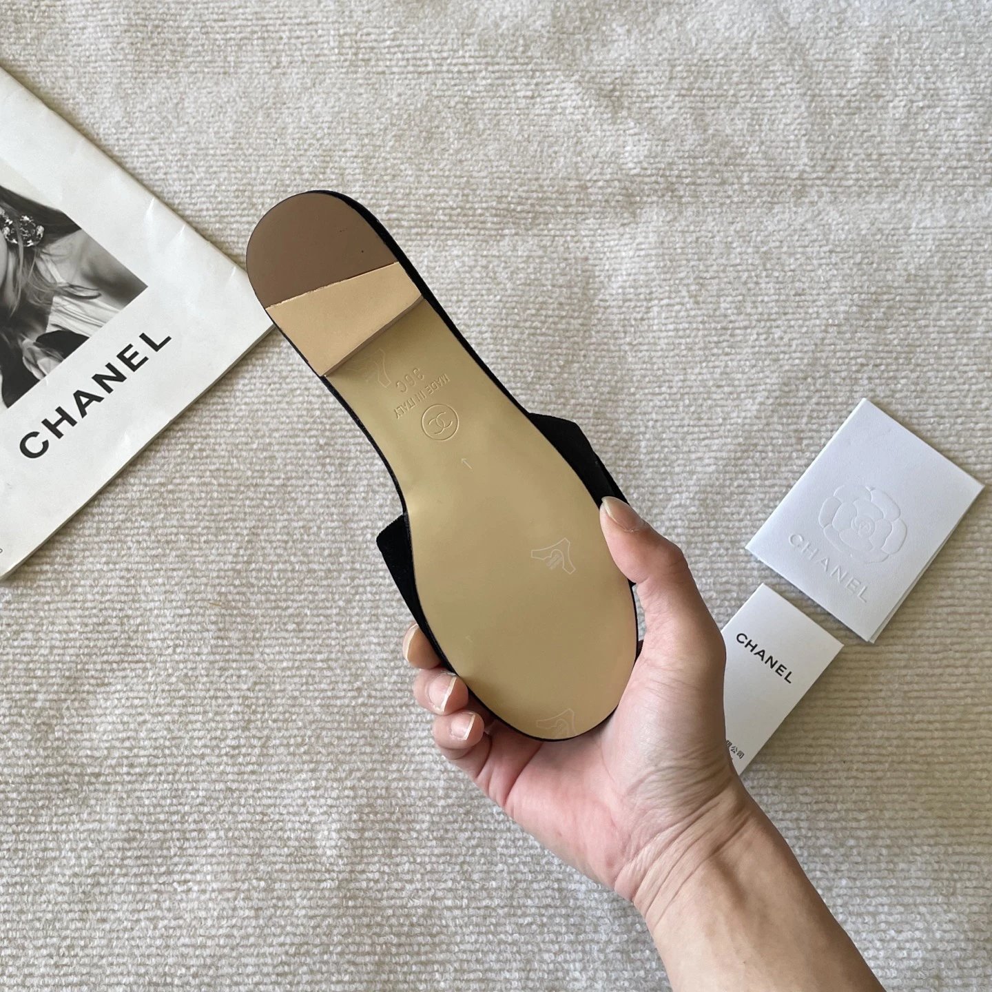 Chanel Velvet Slides Black Gold Logo Sandals