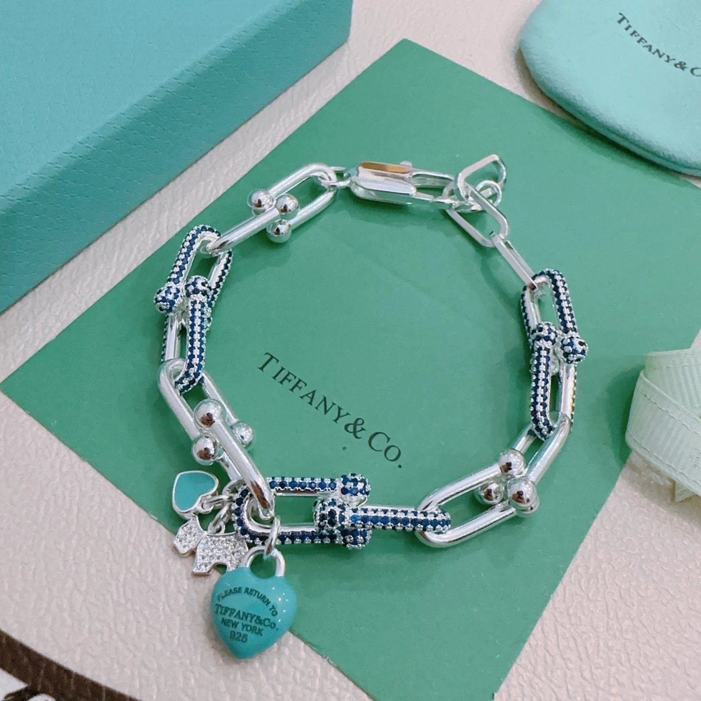Tiffany & Co. Silver Blue Heart Charm Bracelet