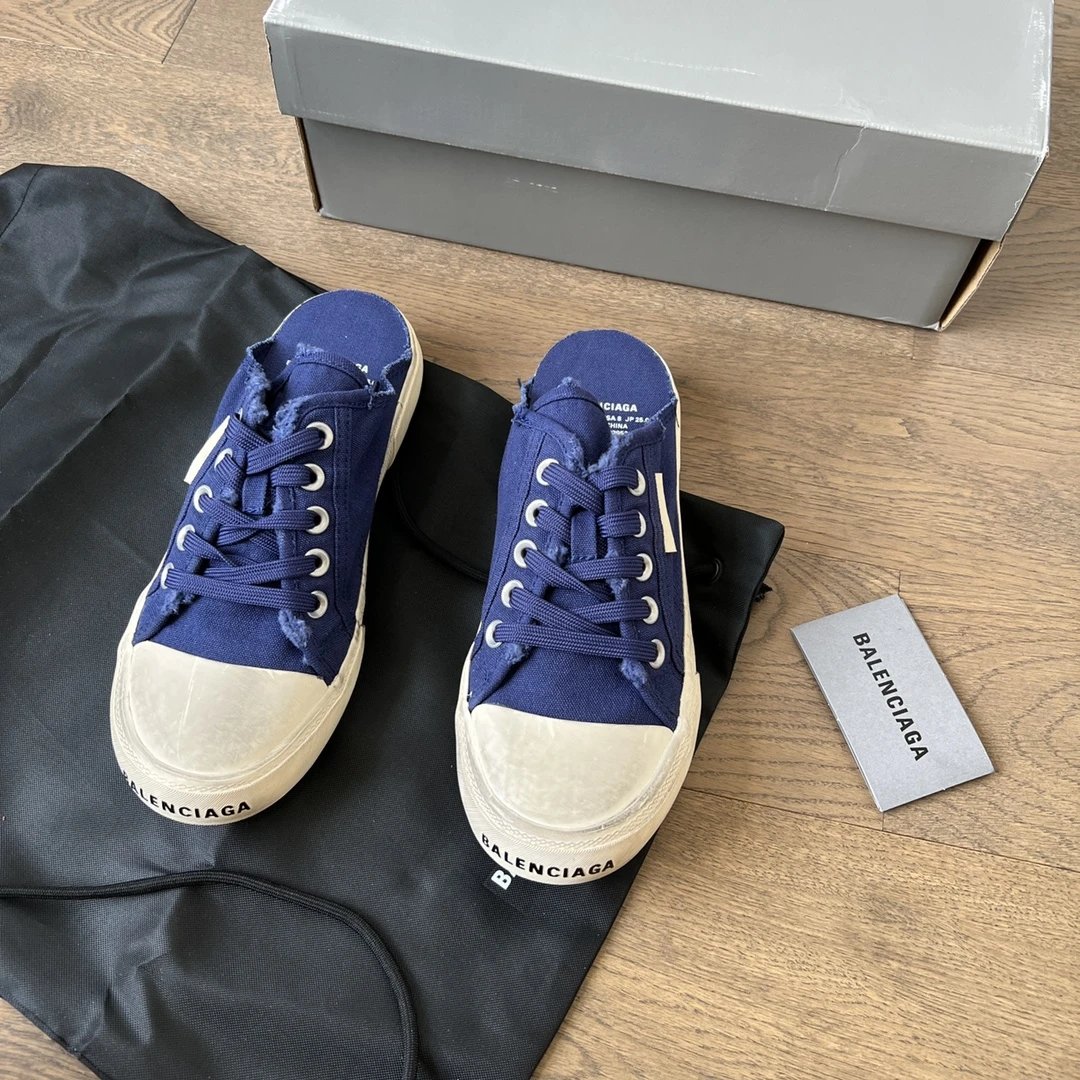 Balenciaga Blue Distressed Canvas Slip-On Sneakers Shoes