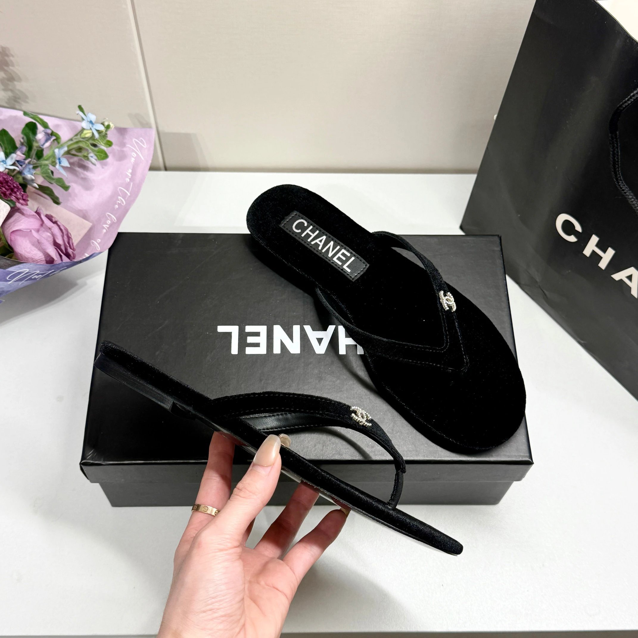 CHANEL Black Velvet Women Flip Flops Sandals