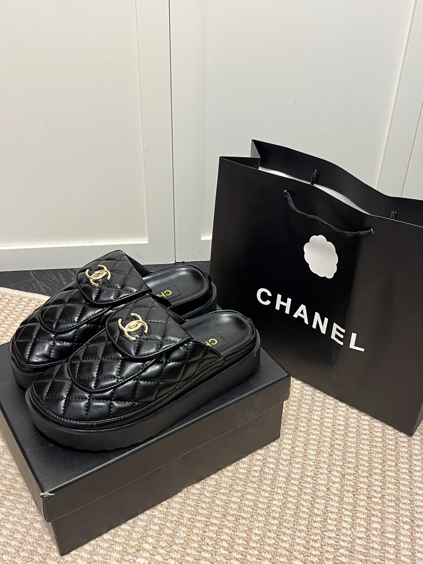 Chanel Quilted Black Leather Platform Slide Sandals
