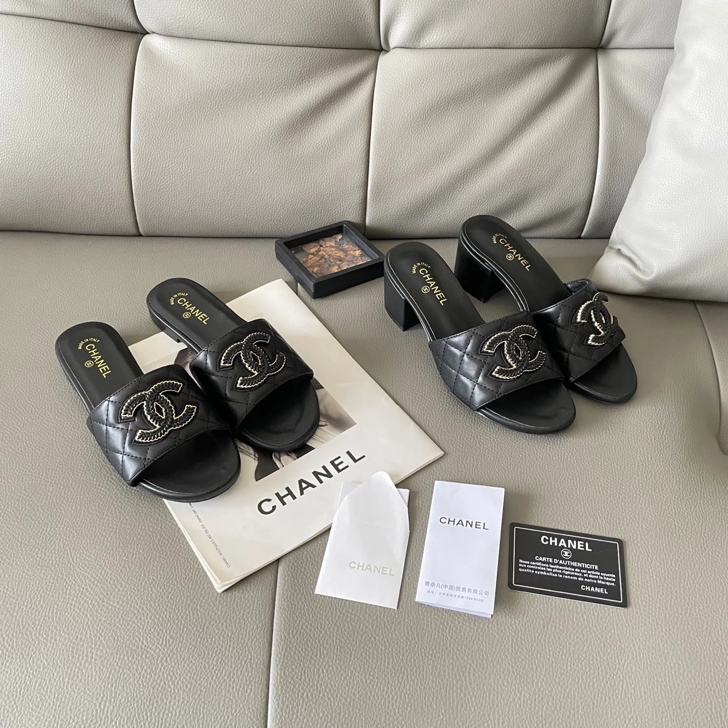 Chanel Black Quilted Leather Mid Heel Slides Women
