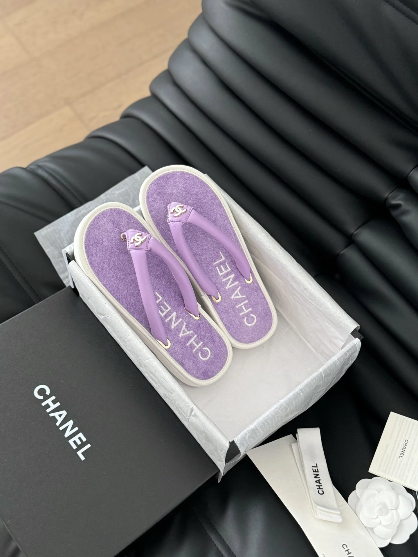 Chanel Purple Velvet Logo Flip Flops Sandals