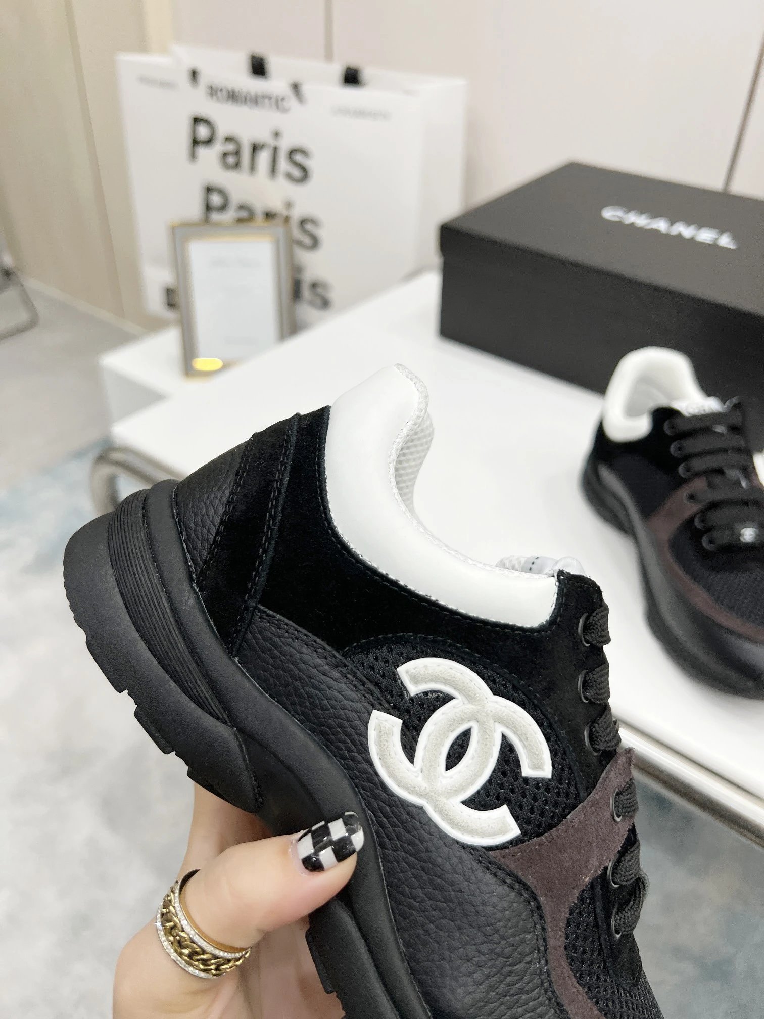 Chanel Black White Leather Women Sneakers