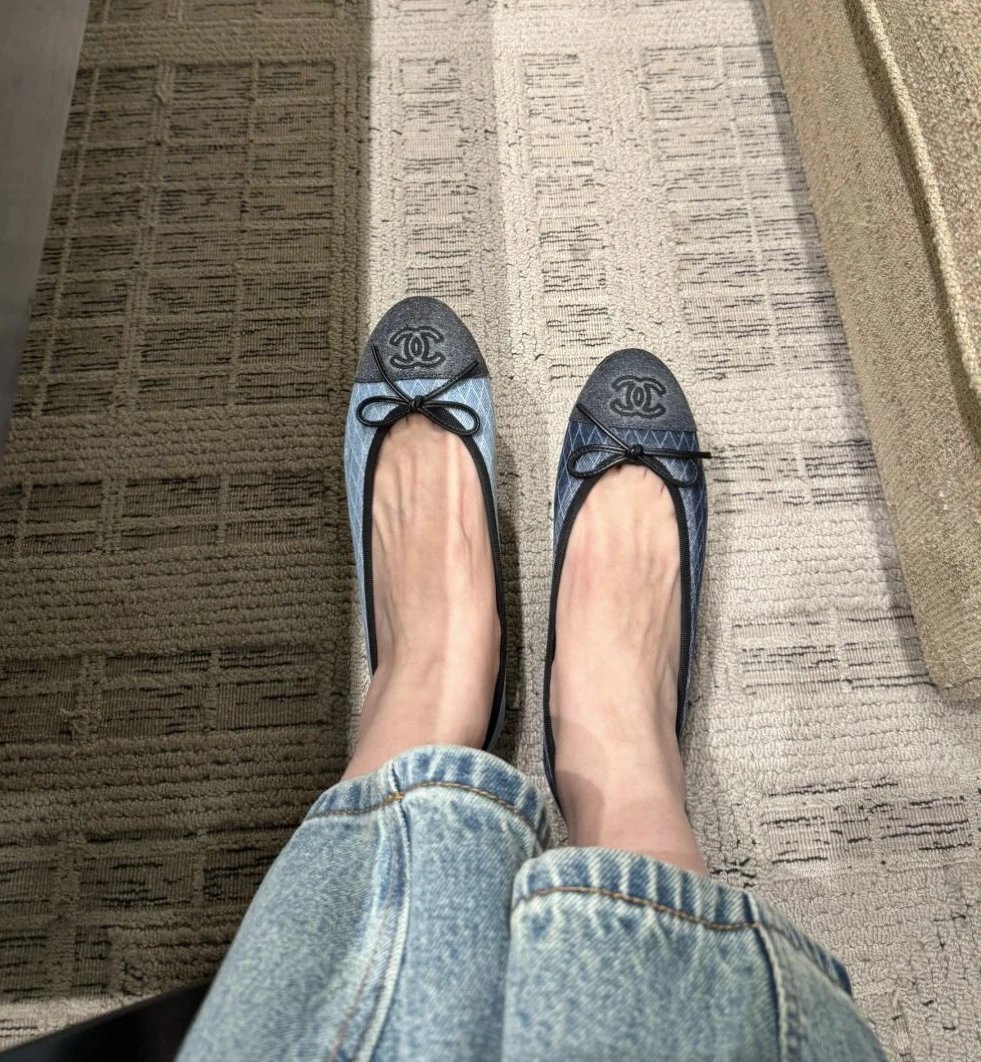 Chanel Denim Ballet Flats Blue Bow Logo Shoes