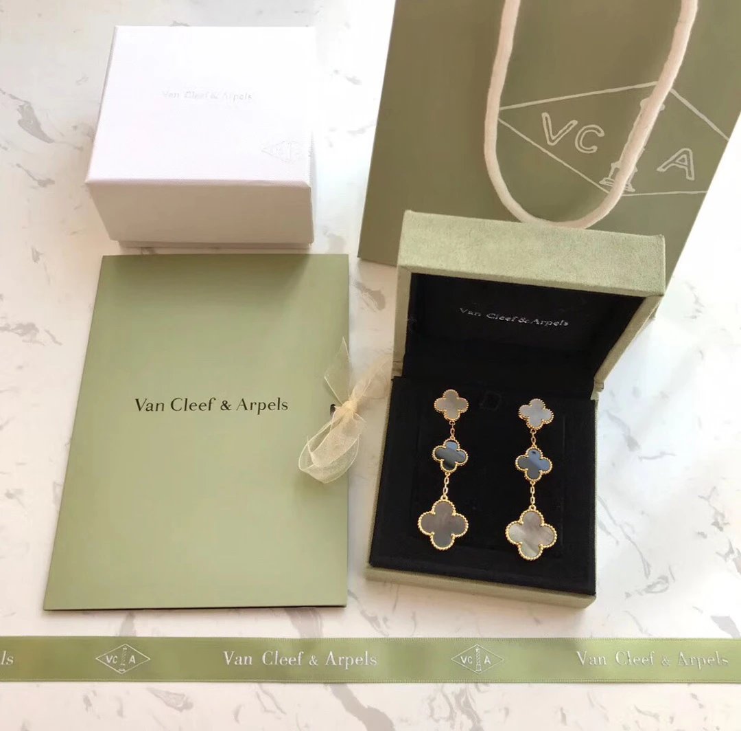 Van Cleef Alhambra Mother Pearl Gold Drop Earrings