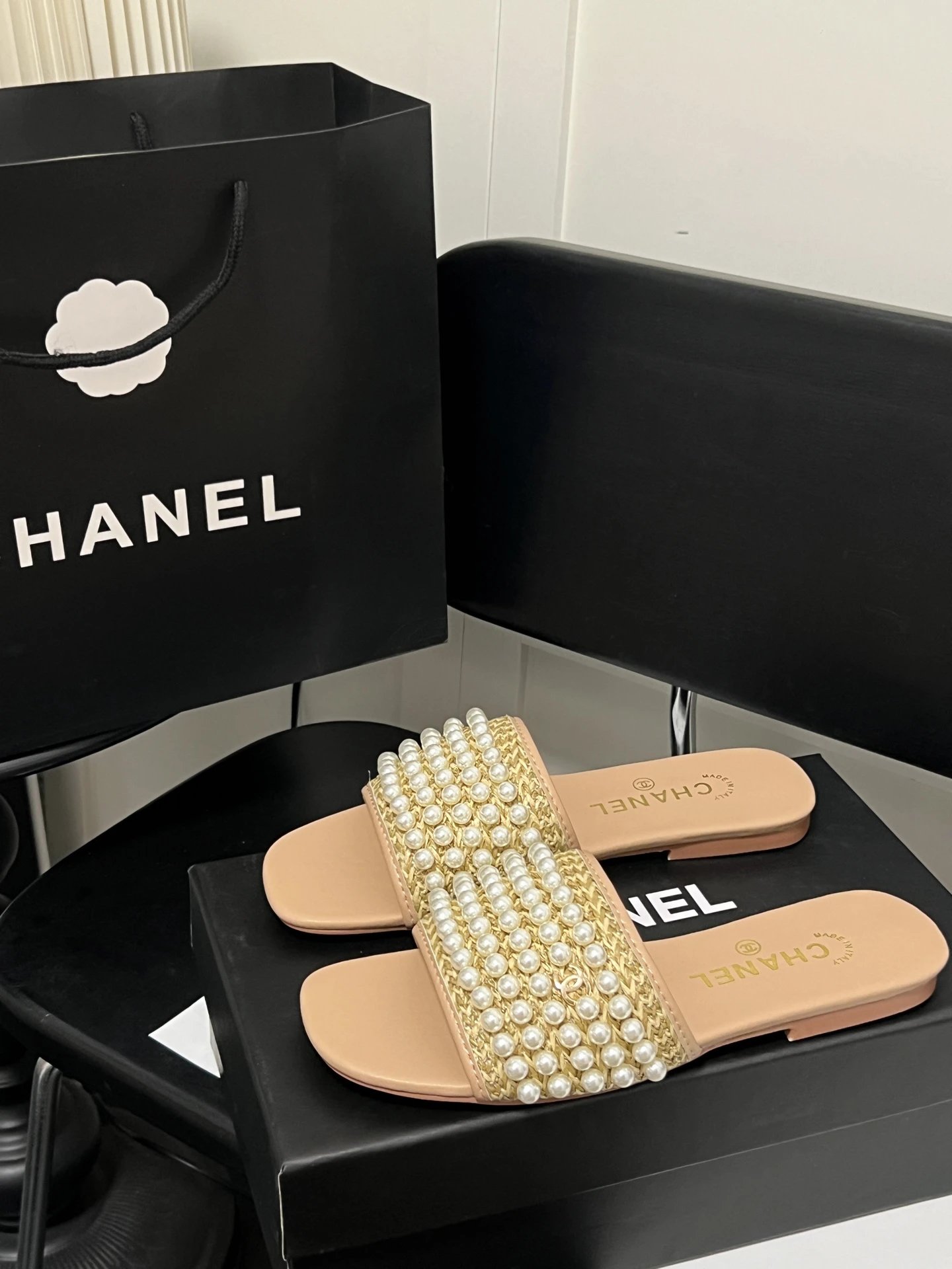 Chanel Pearl Chain Nude Slide Sandals Women