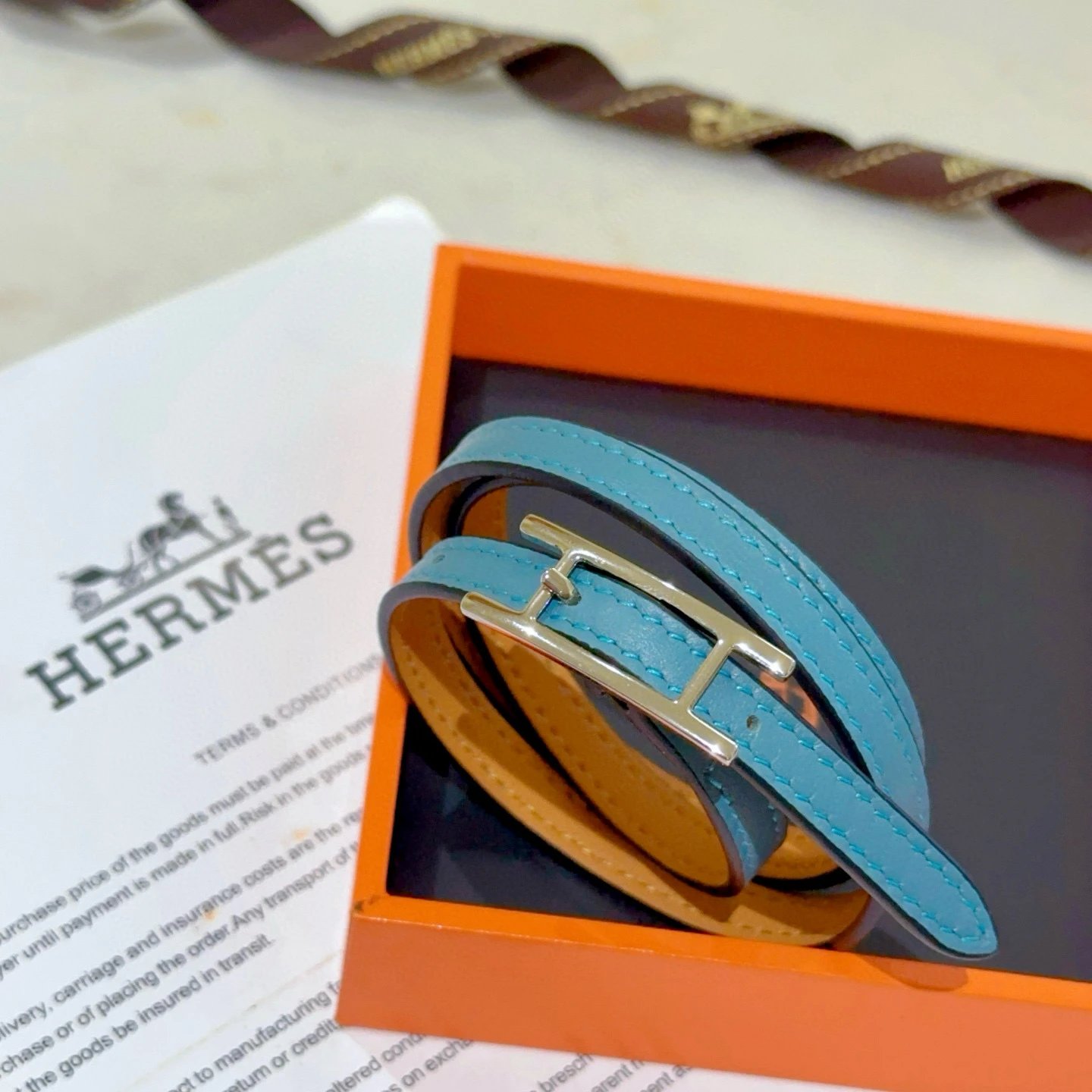 Hermes Blue Double Tour Leather Bracelet