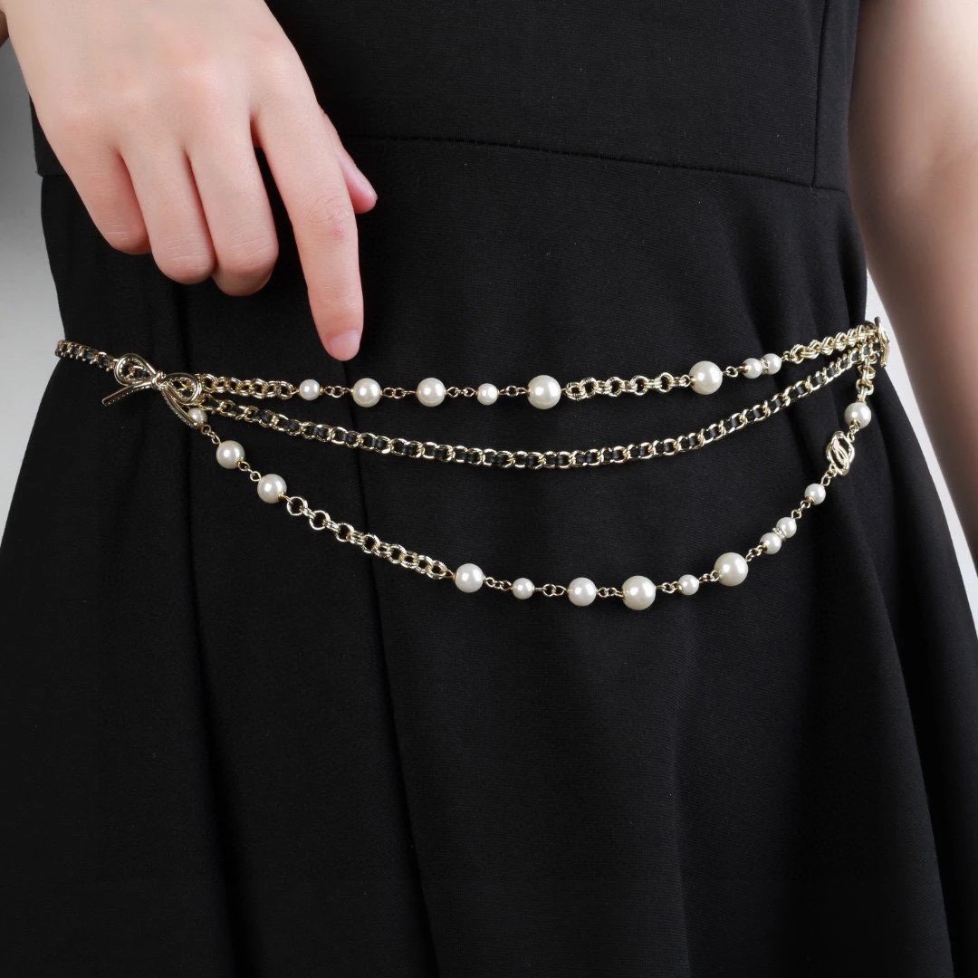 Chanel Pearl Double Layer Gold Chain Belt Women
