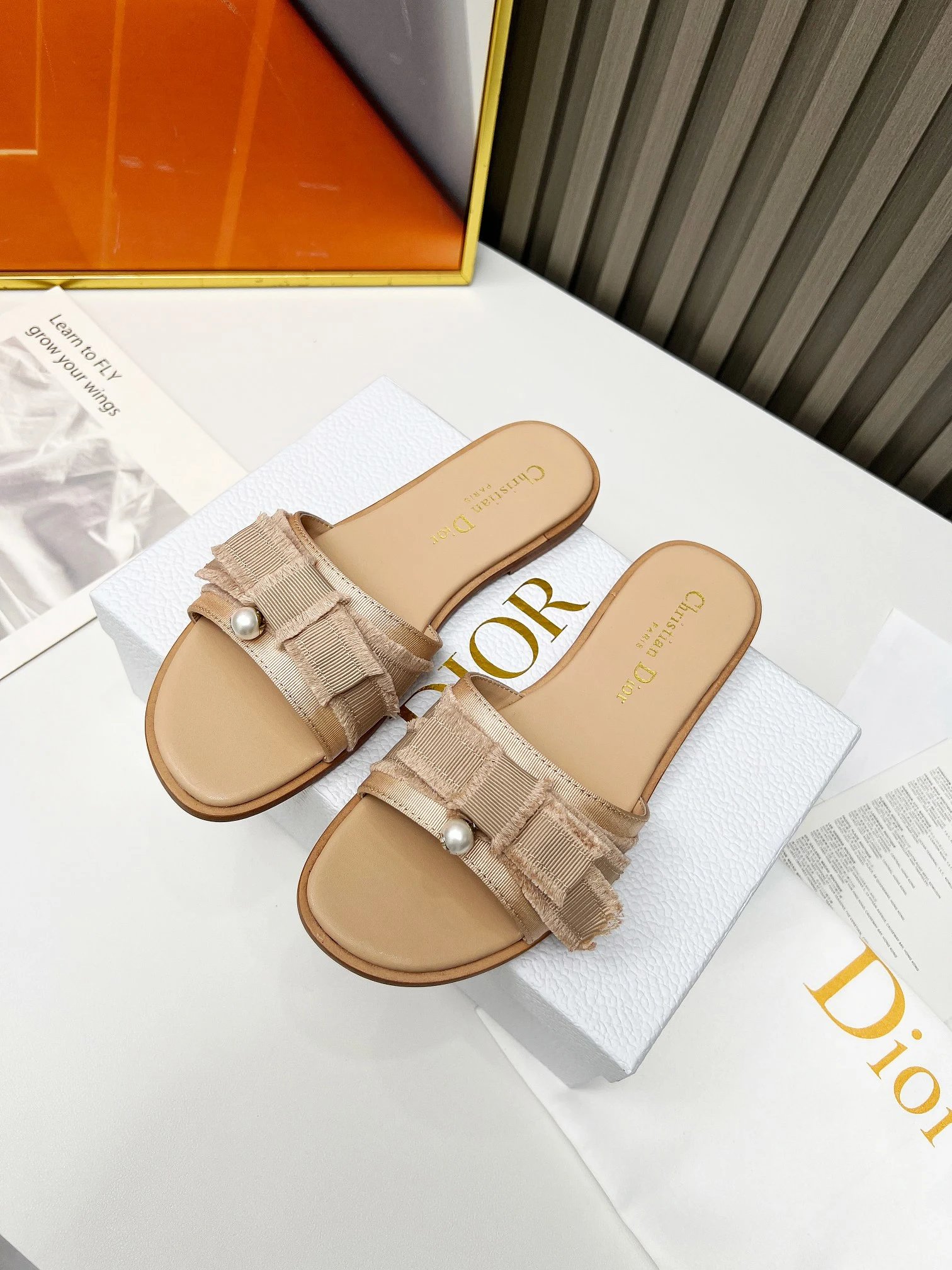Dior Beige Pearl Ruffle Strap Women Slide Sandals