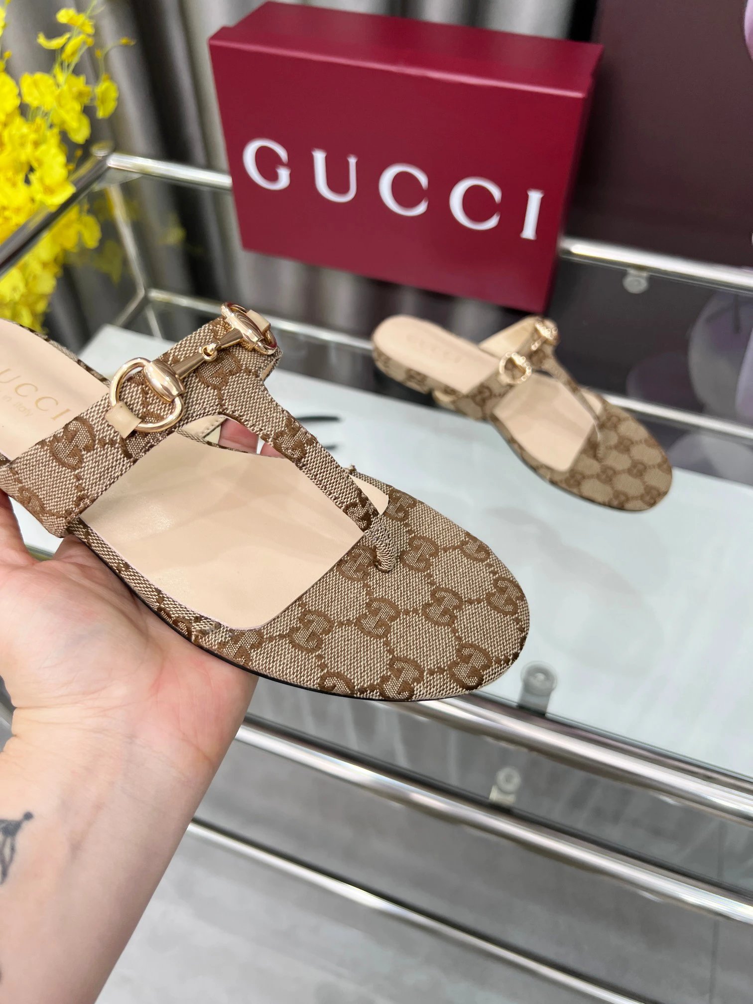 Gucci Women’s Monogram Canvas Sandals Gold Buckle Shoes