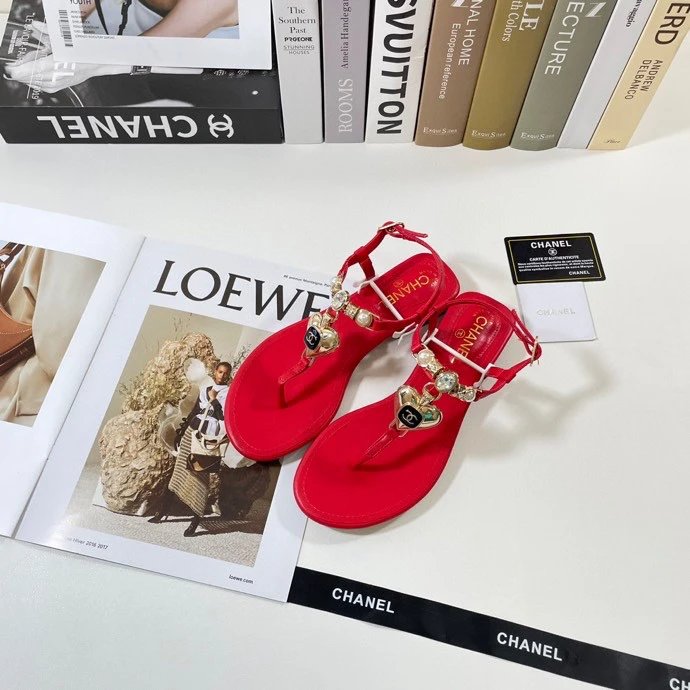 Chanel Red Leather Pearl Chain Flat Sandals Women