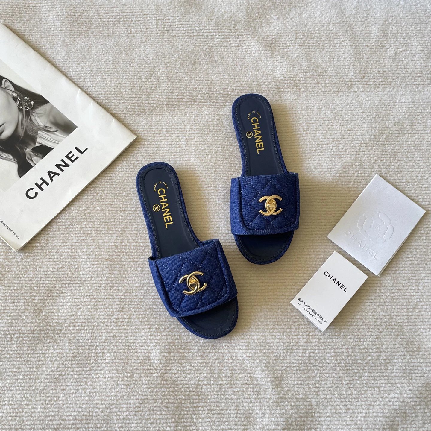 Chanel Blue Quilted Slide Sandals Gold Logo Women Shoes